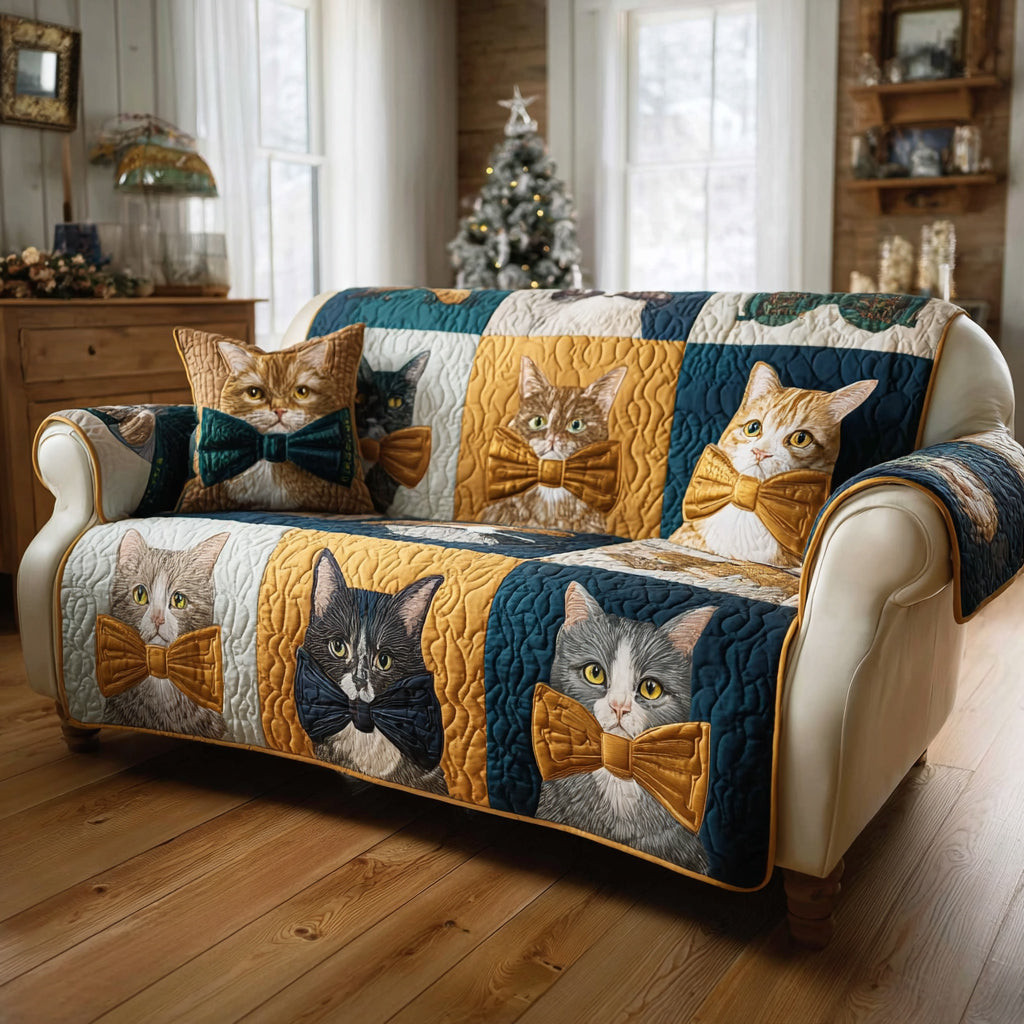 Noble Cat Bowtie Quilted Sofa Cover Nice Couch Covers Cat Lovers Owners Presents - Tradiviet