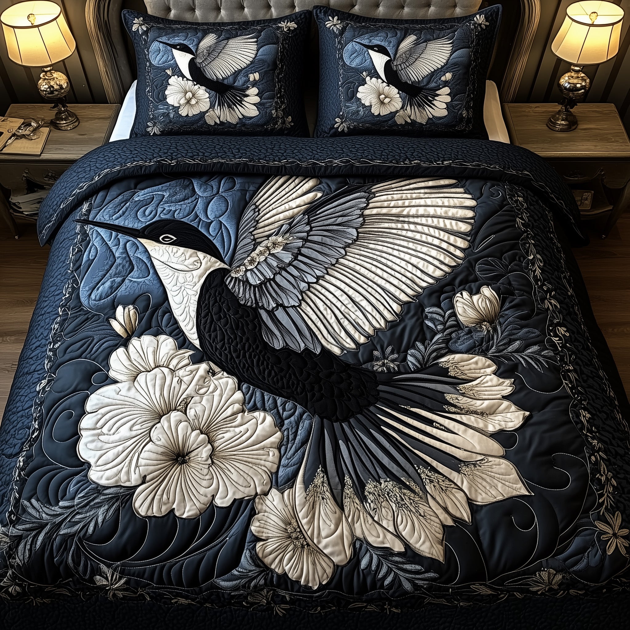 Noir Hummingbird Quilted Bedding Set Noir Hummingbird Fabric Cute Bird Lover Gifts - Tradiviet