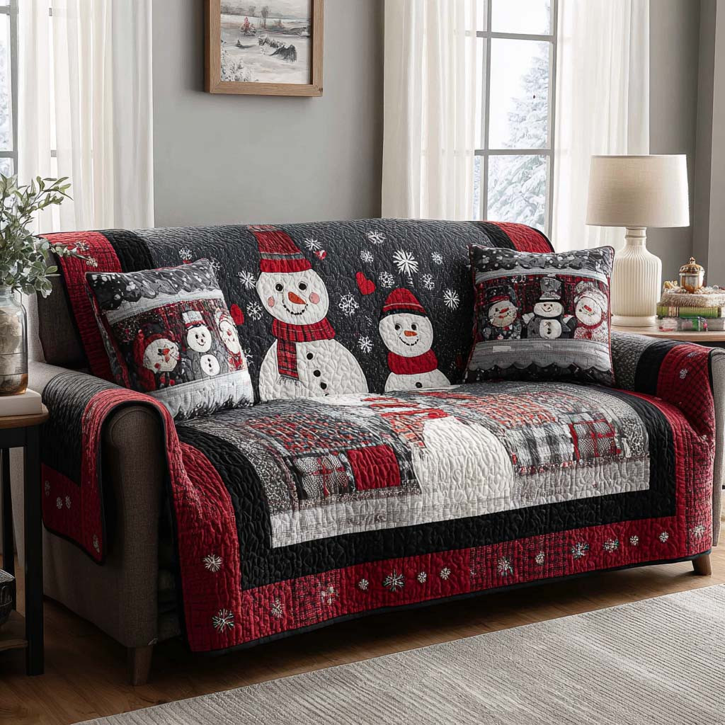 Nordic Plaid Snowmen Quilted Sofa Cover Christmas Couch Cover Family Xmas Presents - Tradiviet