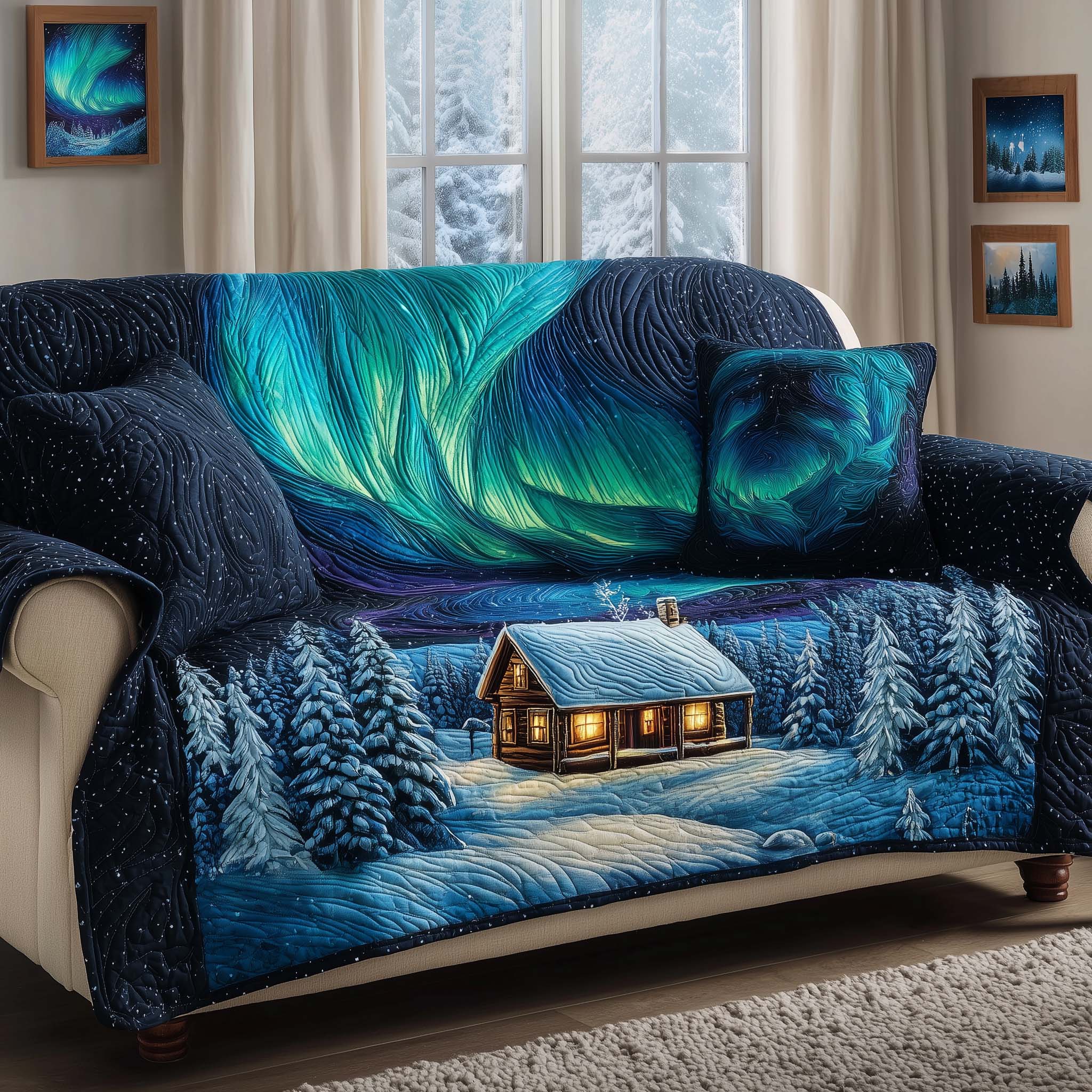 Northern Glow Quilted Sofa Cover Celestial Home Couch Cover Present For Home Lovers - Tradiviet