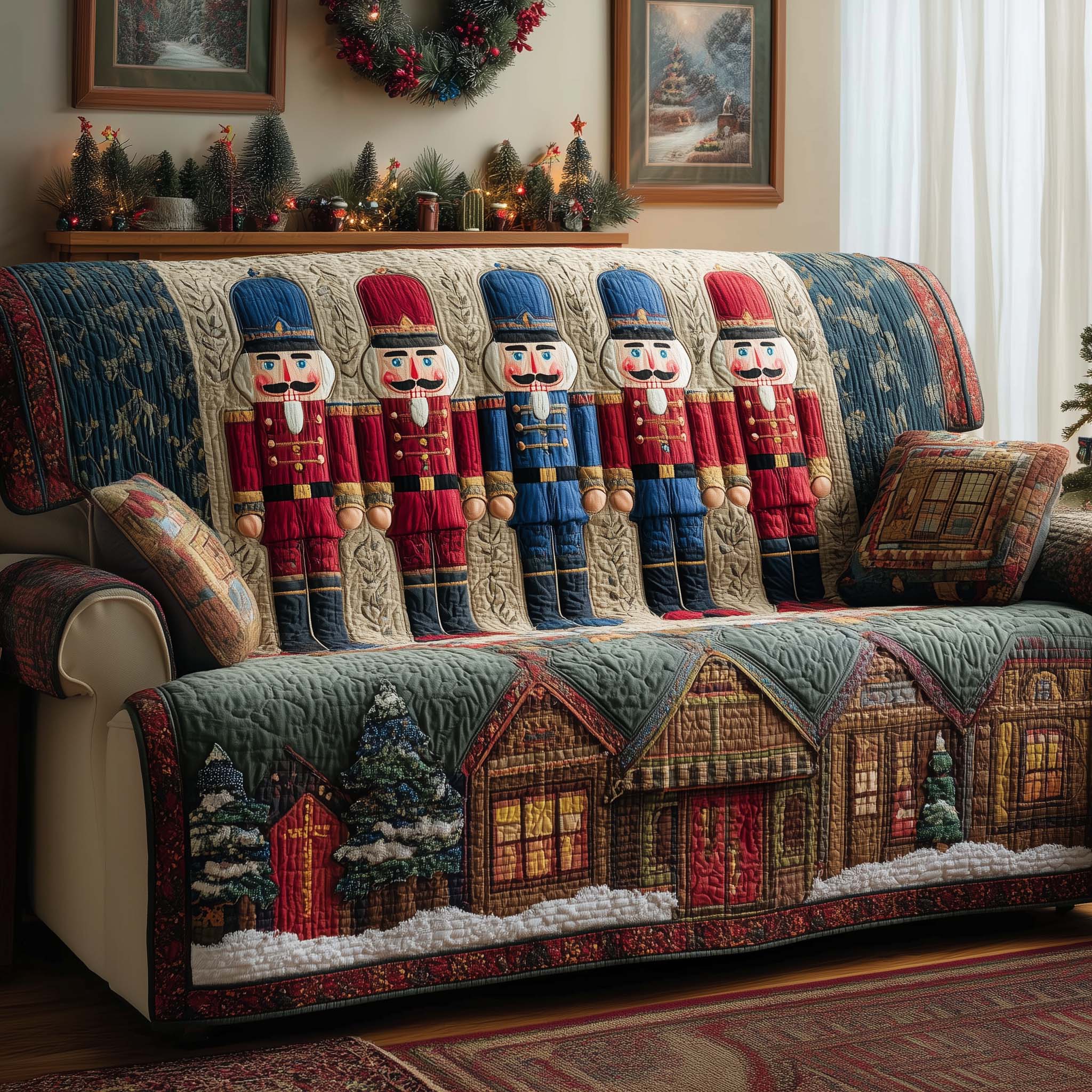 Nutcracker Row Quilted Sofa Cover Christmas Home Couch Cover Gift For Cozy Spaces - Tradiviet