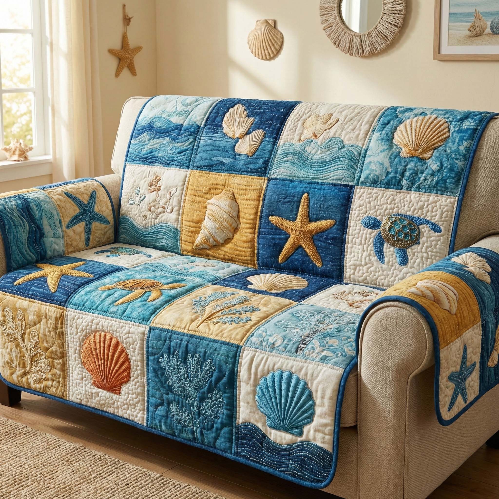 Ocean Blocks Quilted Sofa Cover Coastal Home Couch Cover Gift For Living Room - Tradiviet