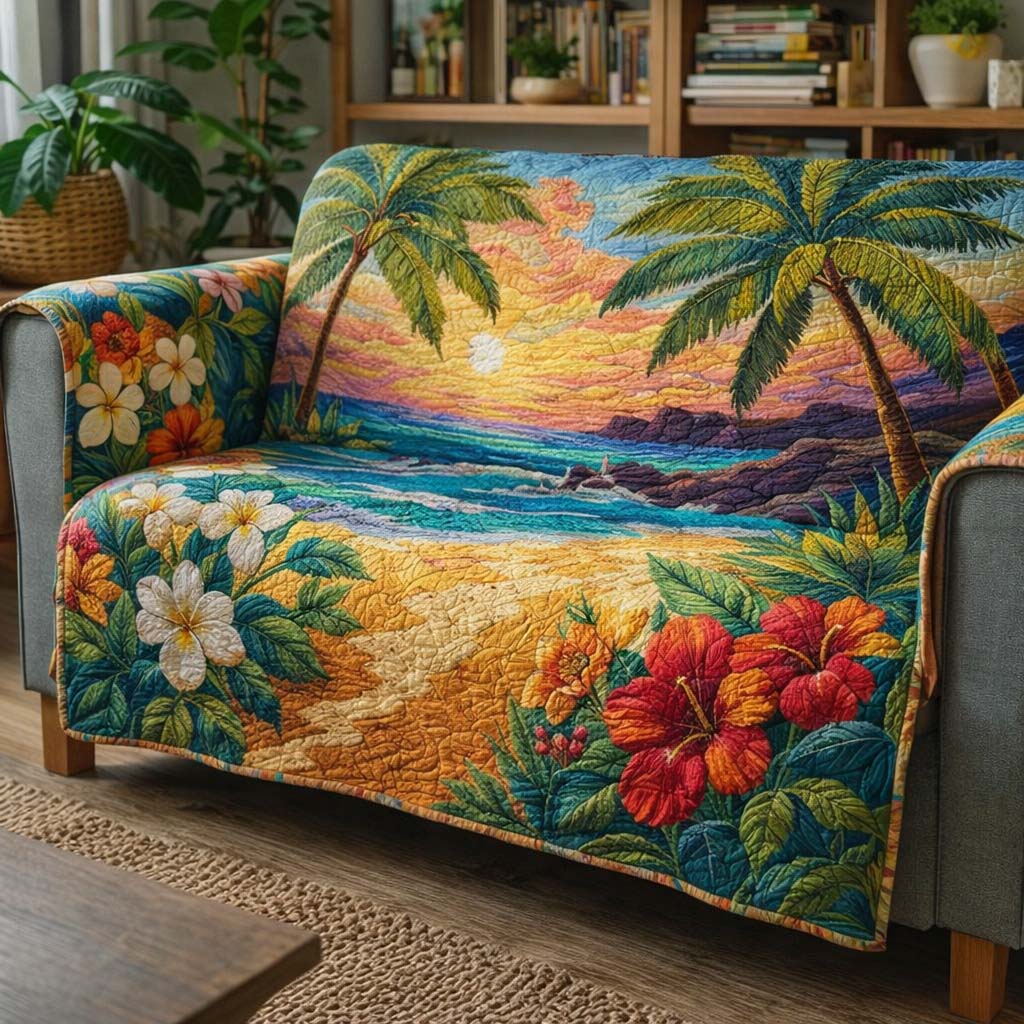 Ocean Blossom Haven Quilted Sofa Cover Coastal Home Couch Cover Home Gifts For Her - Tradiviet