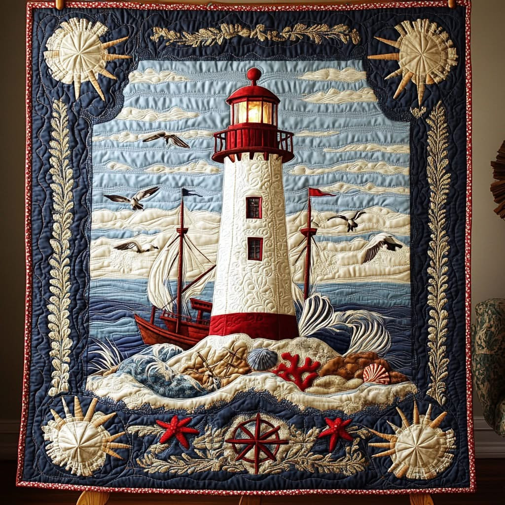 Ocean Bound Lighthouse Quilt Blanket Merchandise Unique Lighthouse Themed Gift Items - Tradiviet