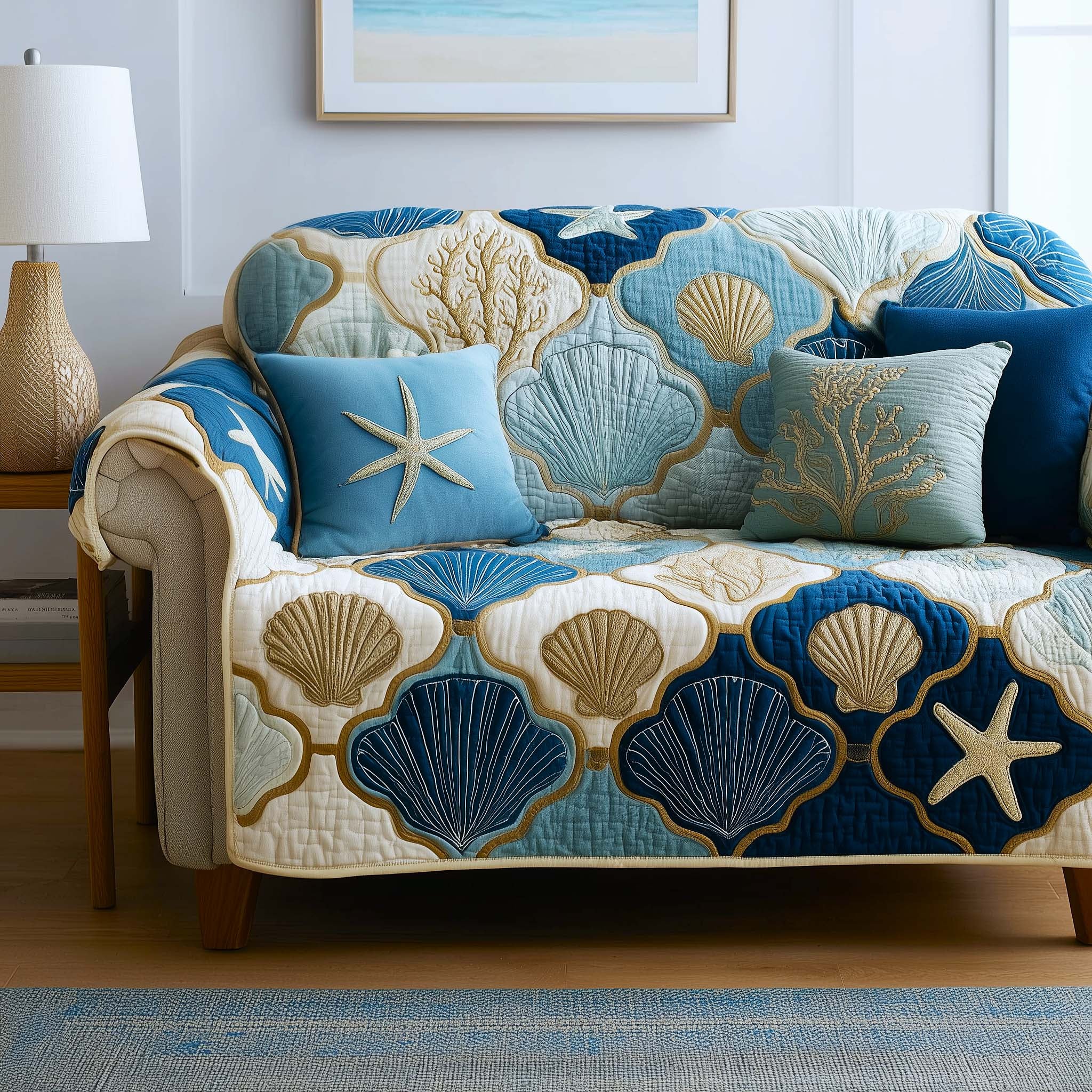 Ocean Breeze Quilted Sofa Cover Coastal Home Couch Cover Home Gifts For Him - Tradiviet