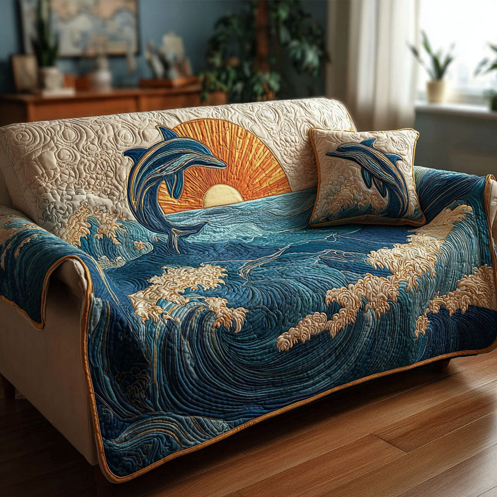 Ocean Dolphin Quilted Sofa Cover Seasonal Home Room Decor Present For New Home - Tradiviet