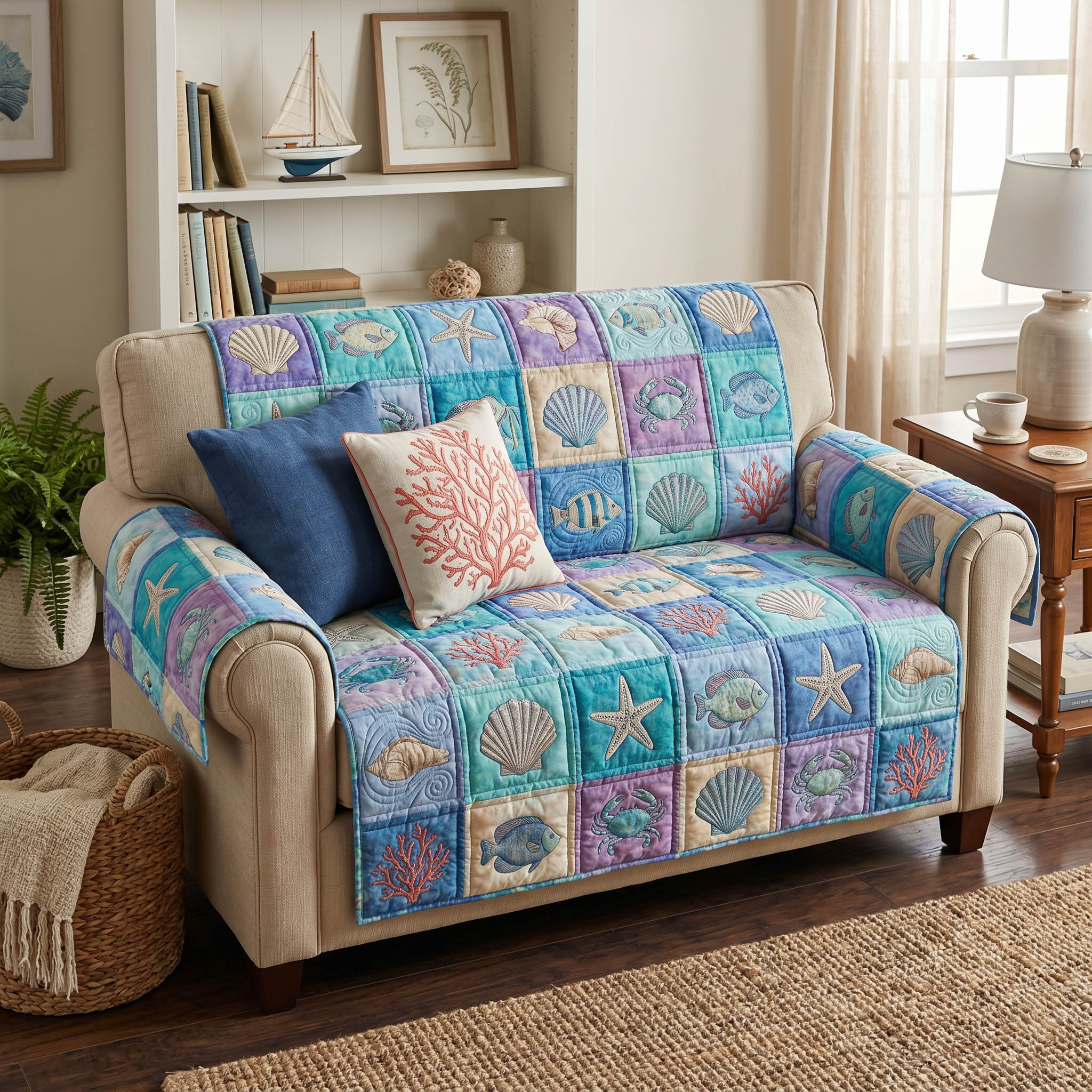 Ocean Drift Quilted Sofa Cover Boho Room Decor Unique Housewarming Gift Ideas - Tradiviet