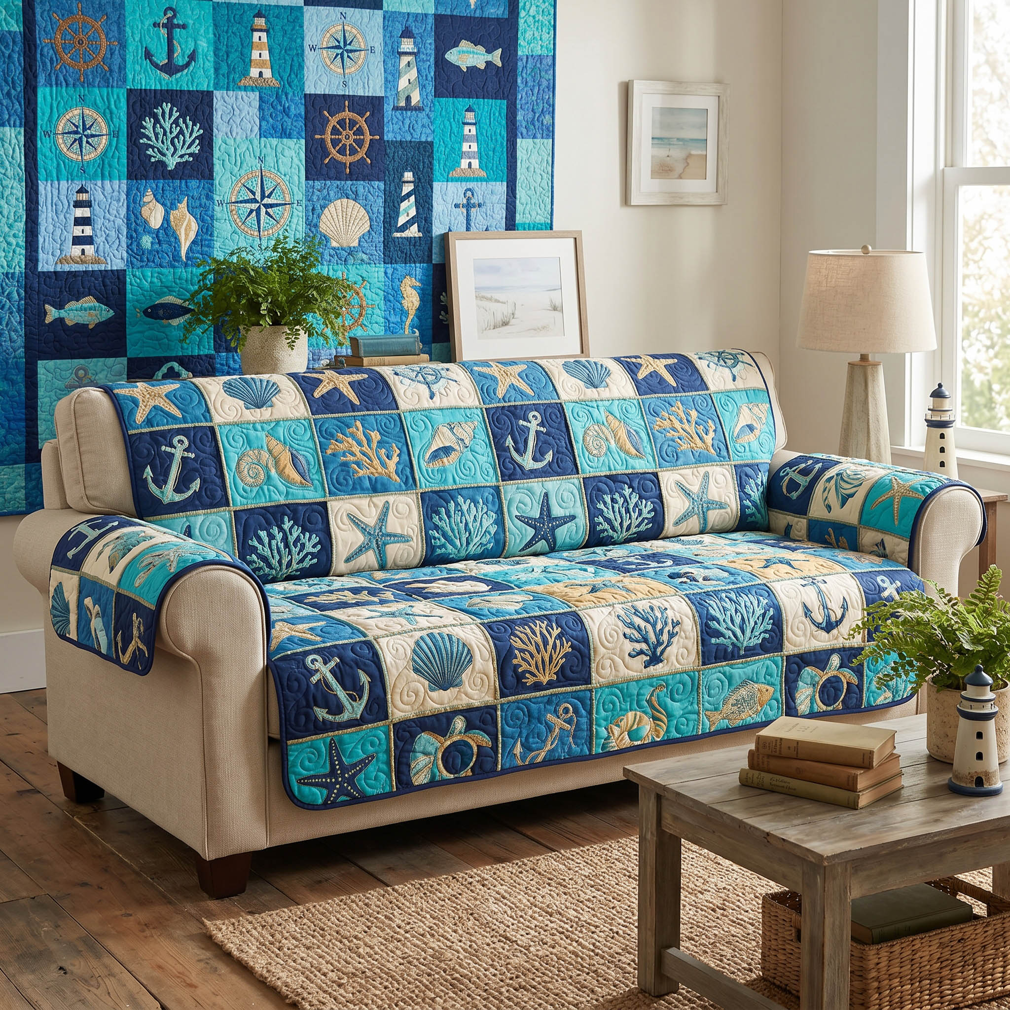 Ocean Harbor Quilted Sofa Cover Classic Room Decor Gifts For Living Rooms - Tradiviet