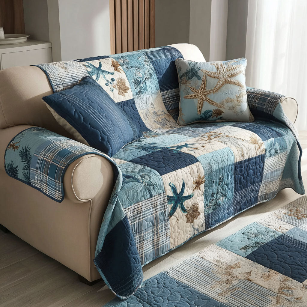 Ocean Layers Quilted Sofa Cover Living Room Decor Gift Ideas For Beach Lovers - Tradiviet