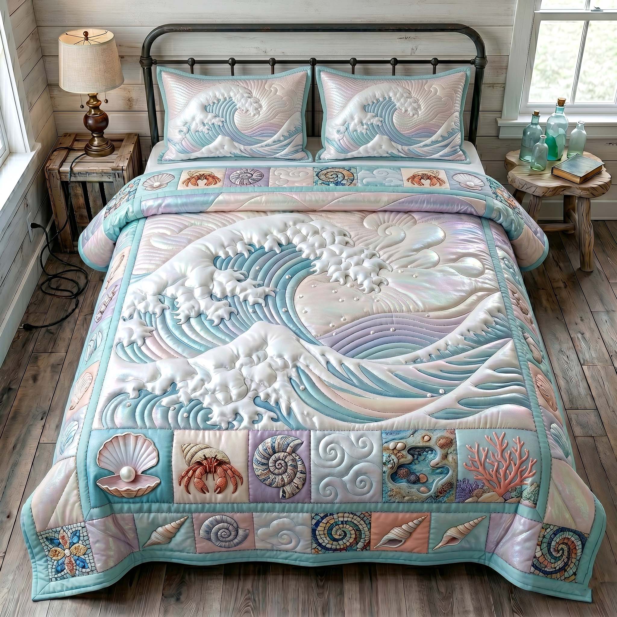 Ocean Tide Quilted Bedding Set Ocean Tide Cabin Gift For Ocean Lovers - Tradiviet