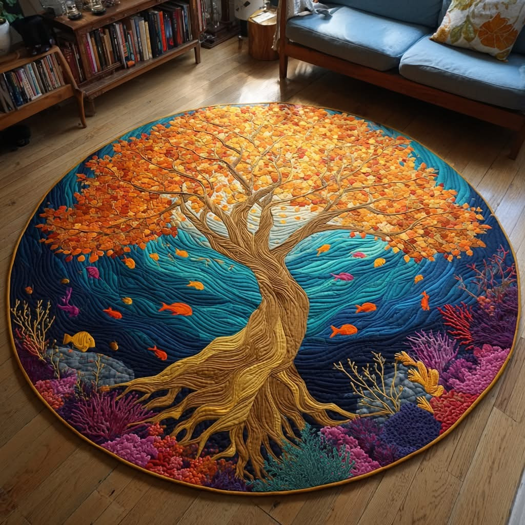 Ocean Tree Of Life Christmas Quilted Round Mat Xmas Design Living Room Decor Gifts - Tradiviet