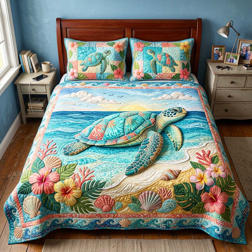Ocean Turtle Quilted Bedding Set Ocean Turtle Classic Gift For Ocean Mom - Tradiviet