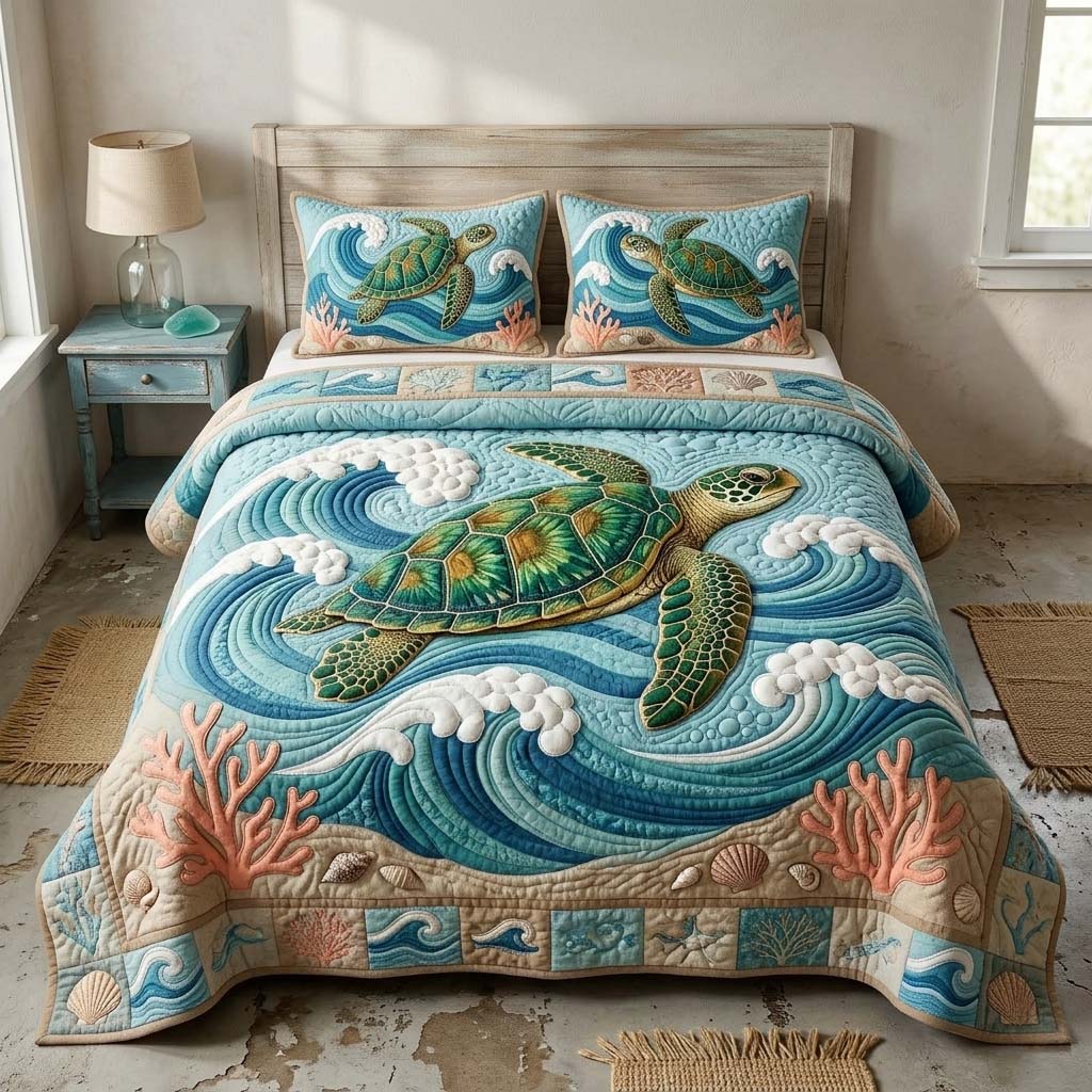 Ocean Wave Turtle Quilted Bedding Set Ocean Wave Scene Gift For Wave - Tradiviet