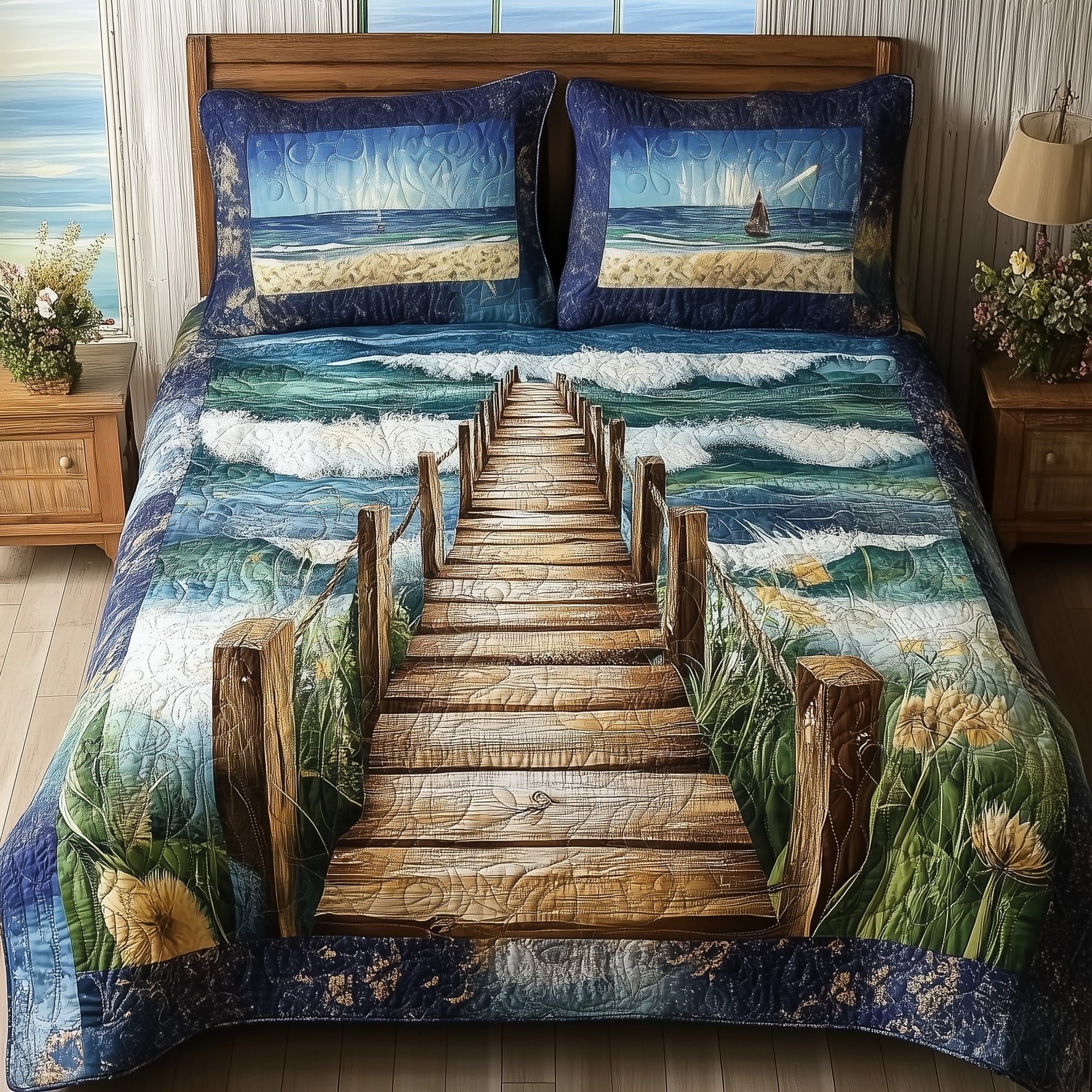 Ocean Wooden Dock Quilted Bedding Set Ocean Wooden Journey Gift For Ocean Wooden - Tradiviet