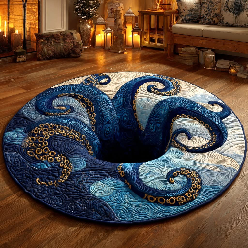 Octopus Abyss Tentacles Quilted Round Mat Whirl Hole Area Circle Rug Decorations - Tradiviet