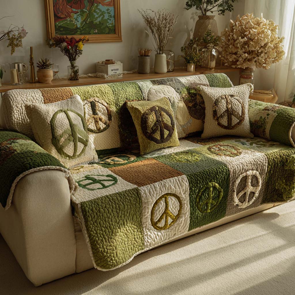 Olive Meadow Peace Quilted Sofa Cover Trendy Home Style Gifts For House Lovers - Tradiviet