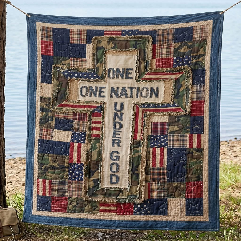 One Nation Under God Quilted Blanket Patriotic Cross American Flag Bedroom Decor Gift For Men - Tradiviet