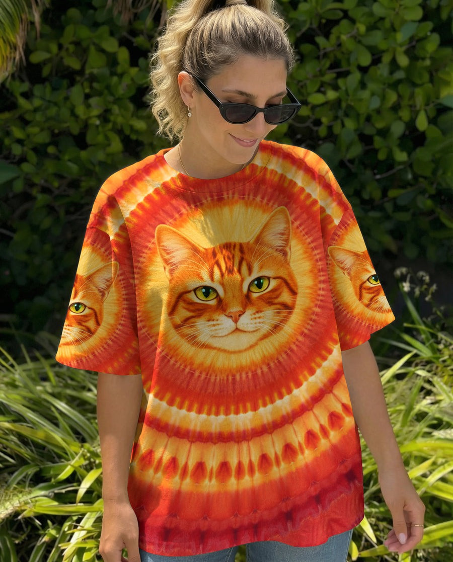 Orange Tabby Cat Face Tie Dye Shirt Solar Cat Energy T-Shirt Women's Hippie Clothing - Tradiviet