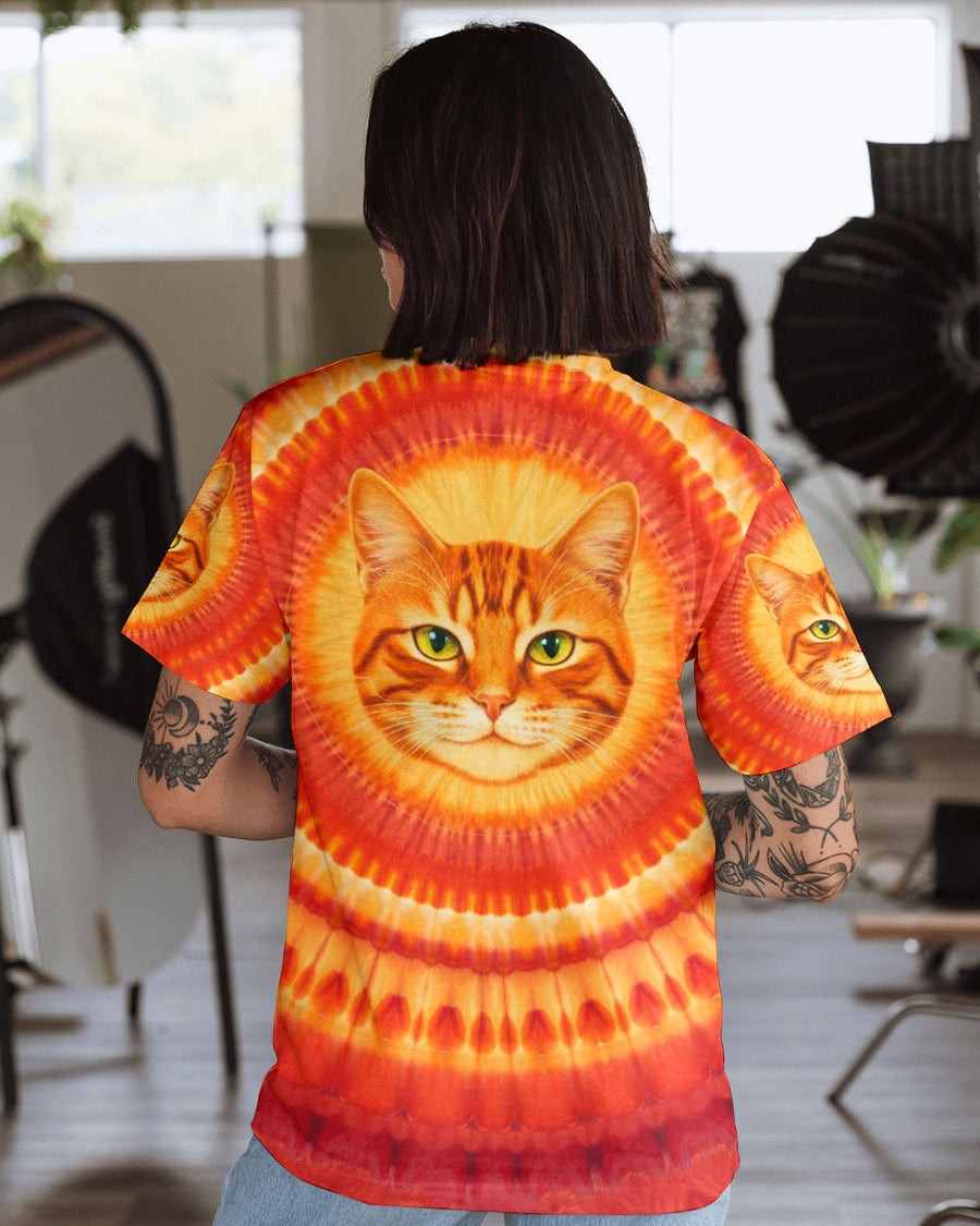 Orange Tabby Cat Face Tie Dye Shirt Solar Cat Energy T-Shirt Women's Hippie Clothing - Tradiviet - Image 2