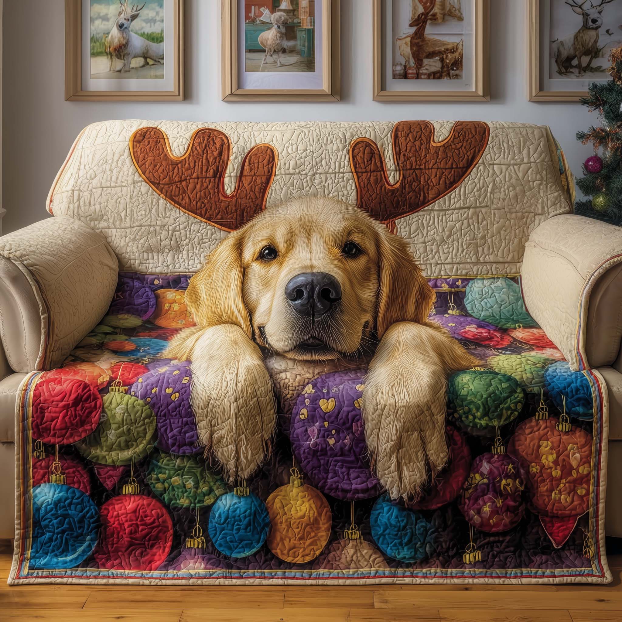 Ornament Labrador Quilted Sofa Cover Christmas Home Couch Cover Room Decor Gift Ideas - Tradiviet