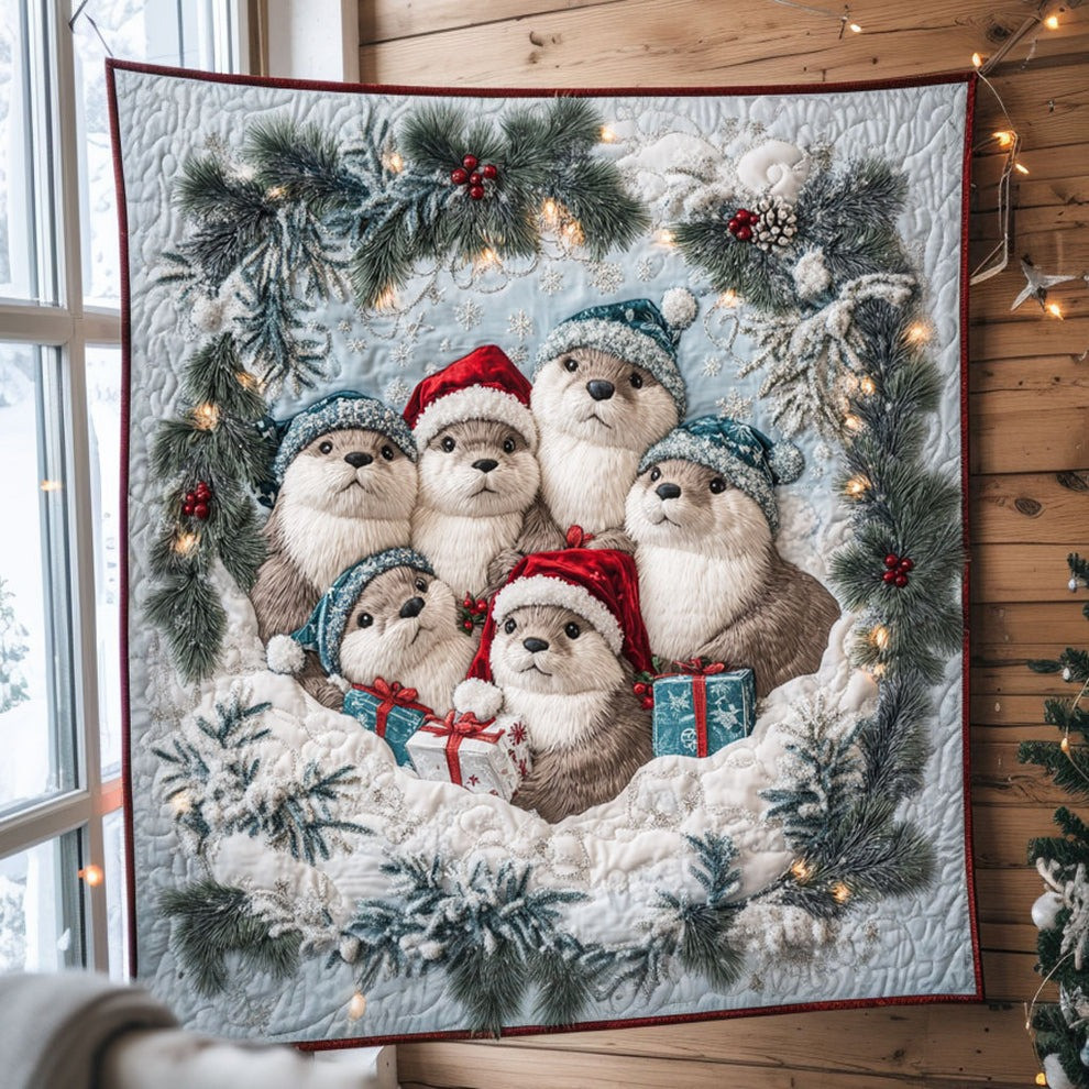 Otters Santa Quilt Blanket Cute Animal Winter Holiday Merch Christmas Gifts - Tradiviet