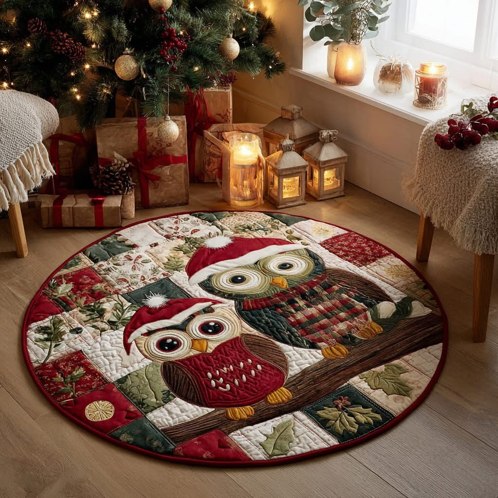 Owl Christmas Quilted Round Mat Cute Holiday Home Decorations Owl Themed Christmas Gifts - Tradiviet