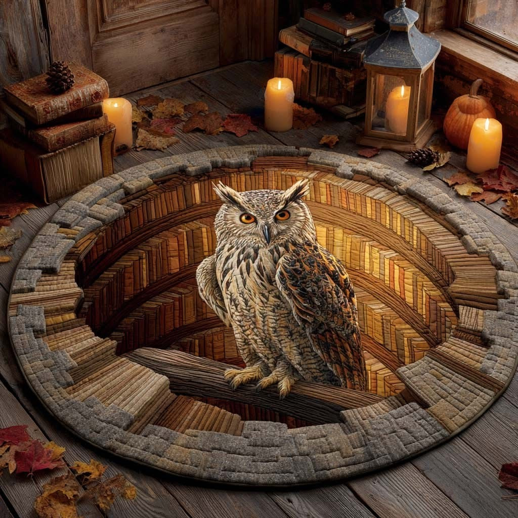 Owl In Library Quilted Round Mat Bookish Bird Mat Living Room Decor Xmas Gift Idea - Tradiviet