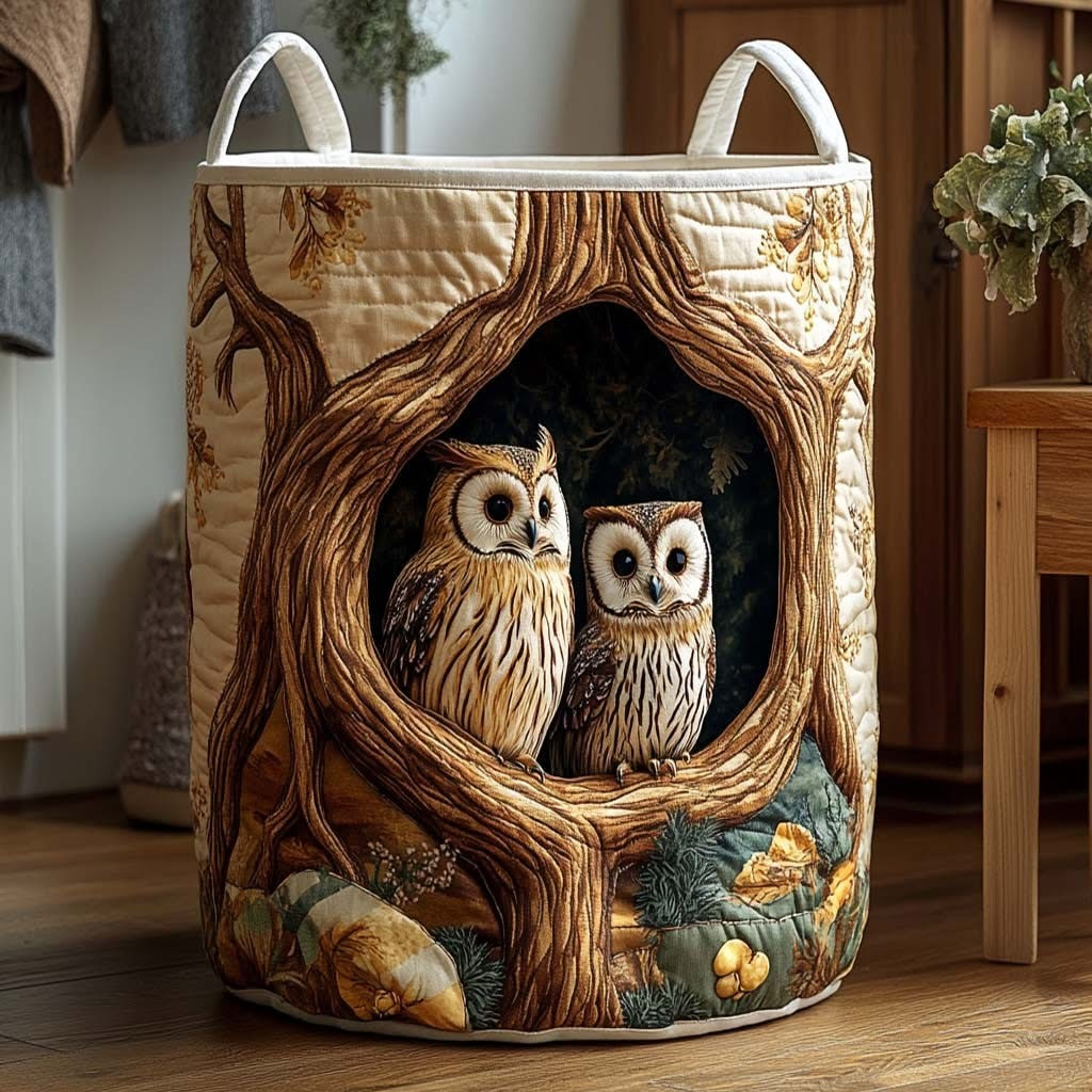 Owls Forest Den Quilted Laundry Basket Rustic Hamper Basket Presents For Owls Lovers - Tradiviet