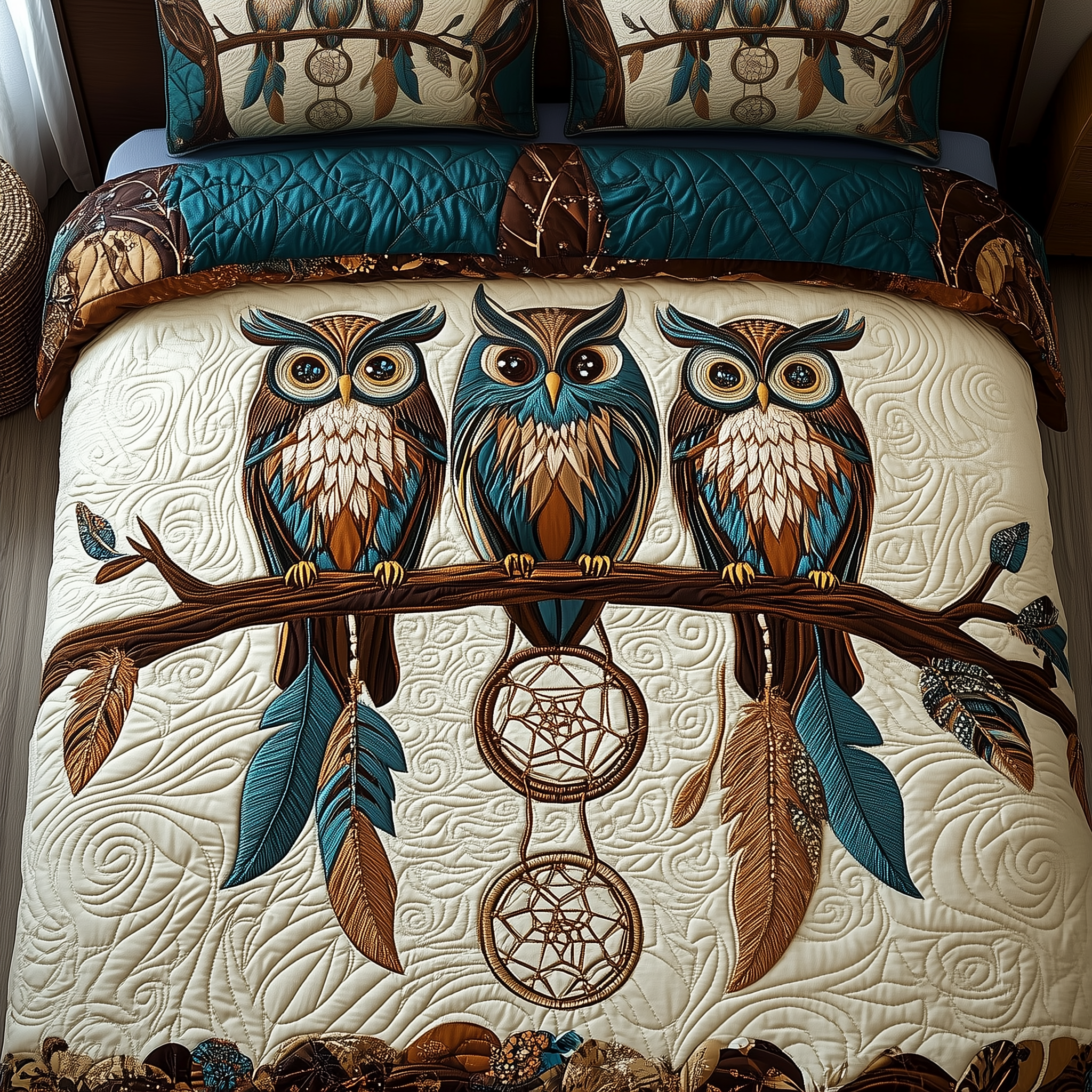 Owls in Harmony Quilted Bedding Set Owls Harmony Palette Gift For Owls Harmony - Tradiviet