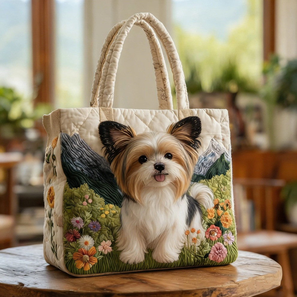 Papillon Quilted Tote Bag Spring Floral Cute Dog Totes Unique Papillon Gifts For Dog Mom - Tradiviet