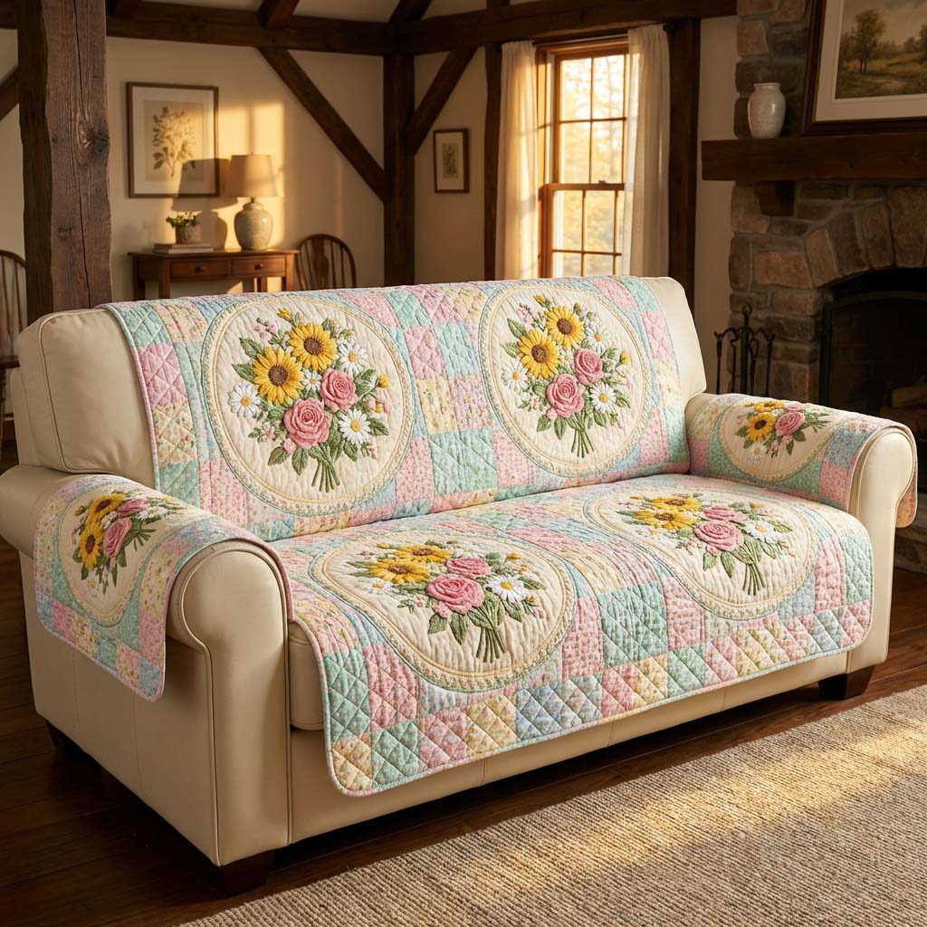Pastel Flower Quilted Sofa Cover Natural Home Room Decor Best Housewarming Gift Ideas - Tradiviet