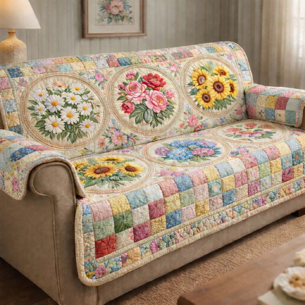 Pastel Garden Patchwork Quilted Sofa Cover Floral Home Couch Cover Home Gifts For Her - Tradiviet
