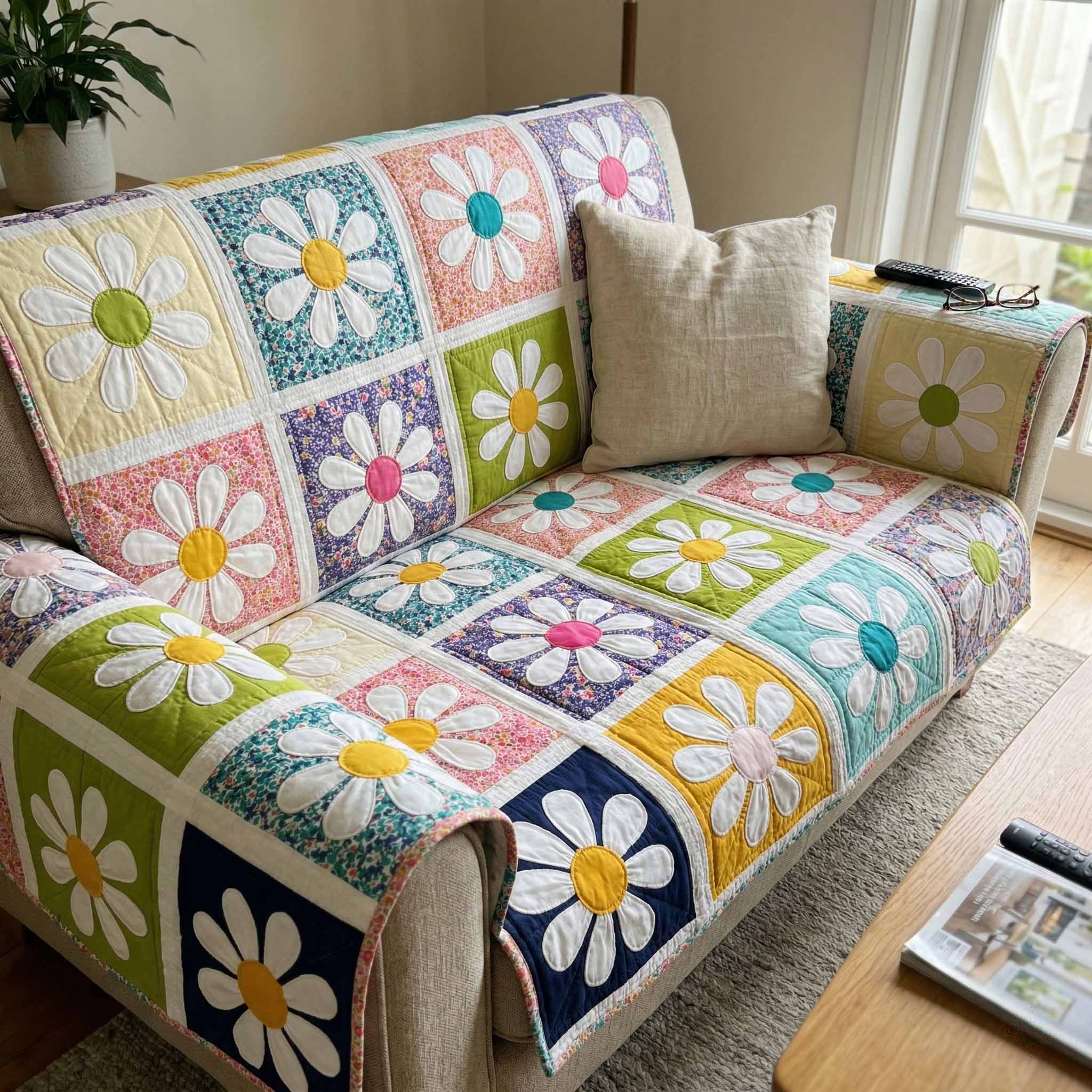 Pastel Garden Quilted Sofa Cover Sofa Slip Covers Flower Daisy Blossom Gifts - Tradiviet