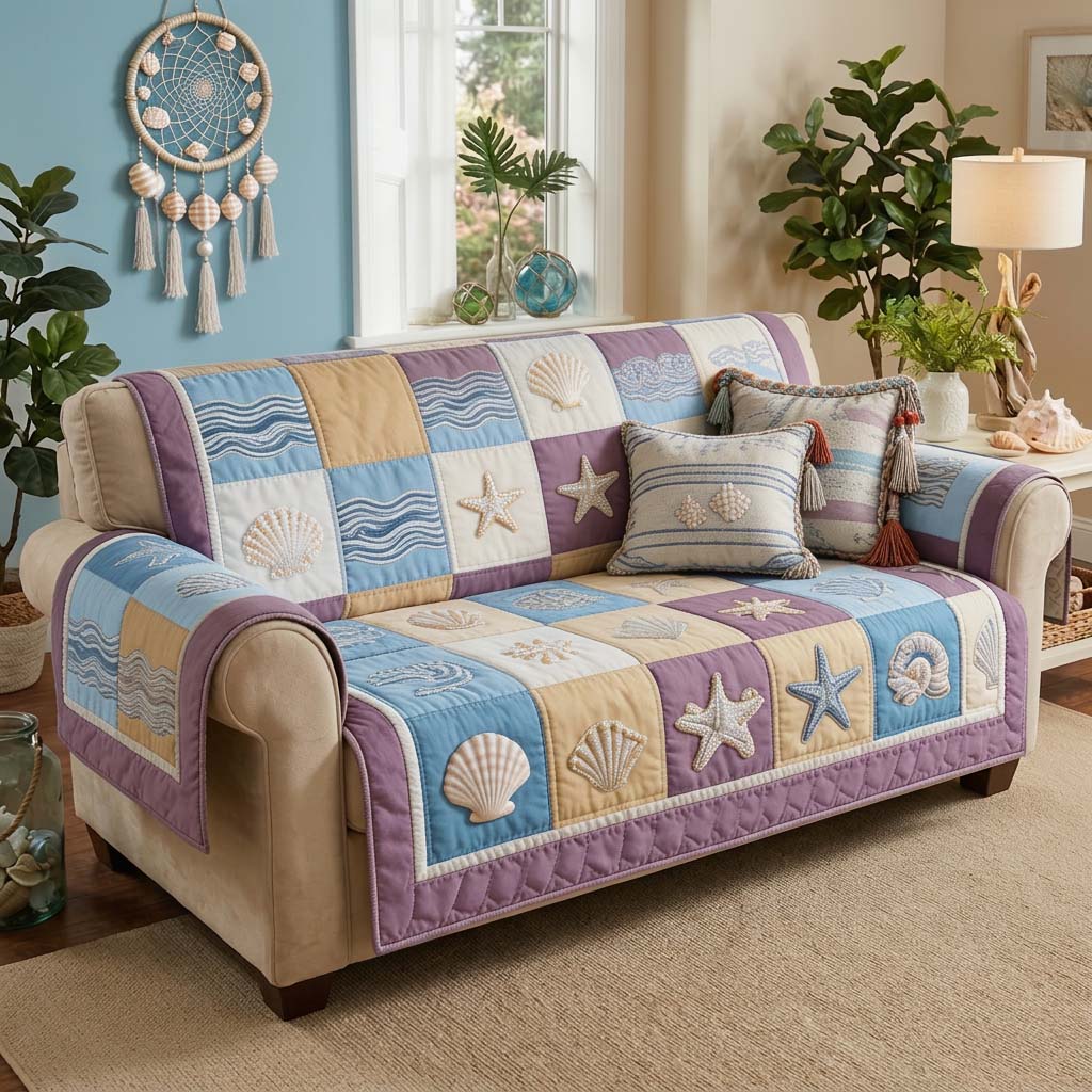 Pastel Seashell Quilted Sofa Cover Coastal Home Couch Cover Gifts For Living Rooms - Tradiviet