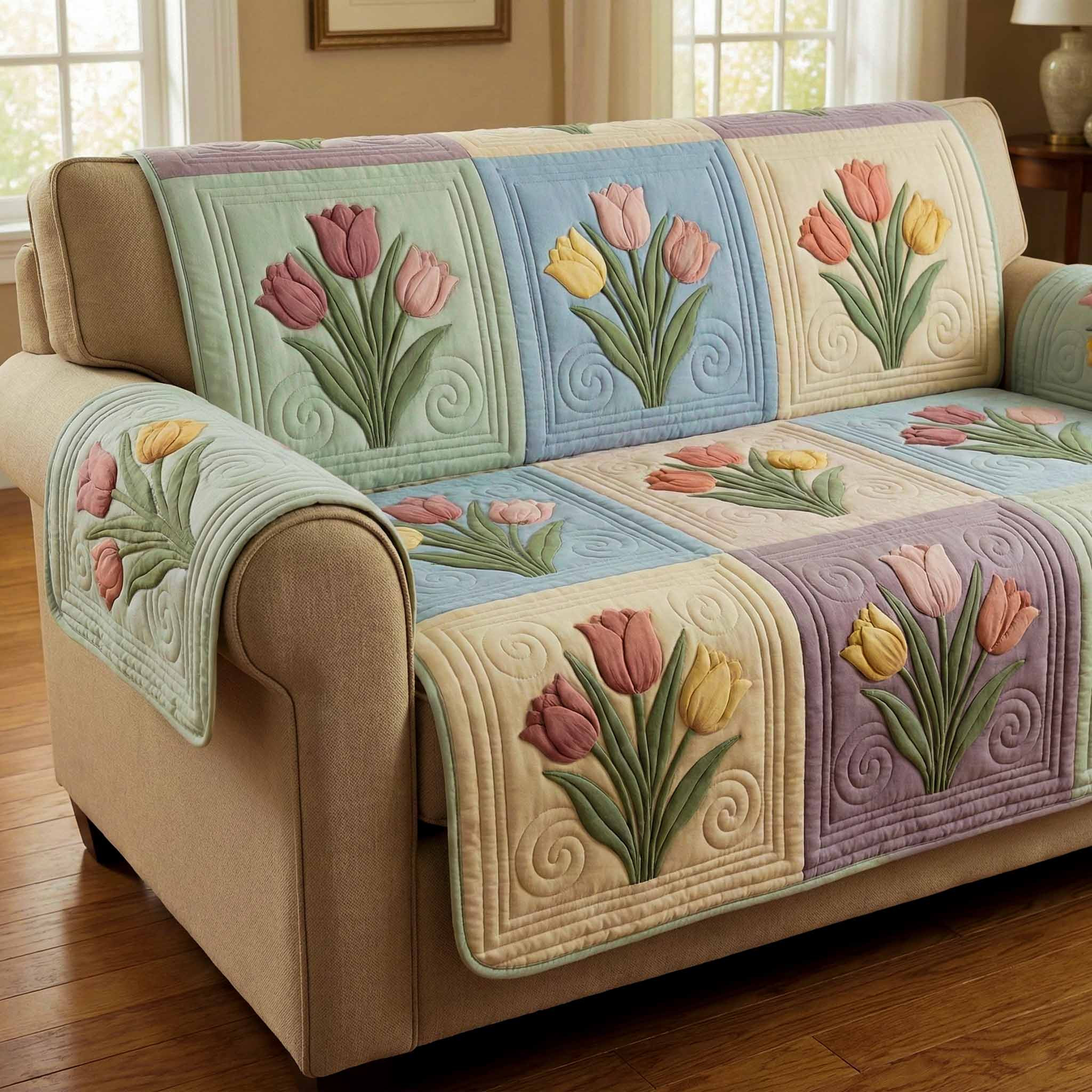 Pastel Tulips Quilted Sofa Cover Nice Couch Covers Thoughtful Mother's Day Gifts - Tradiviet