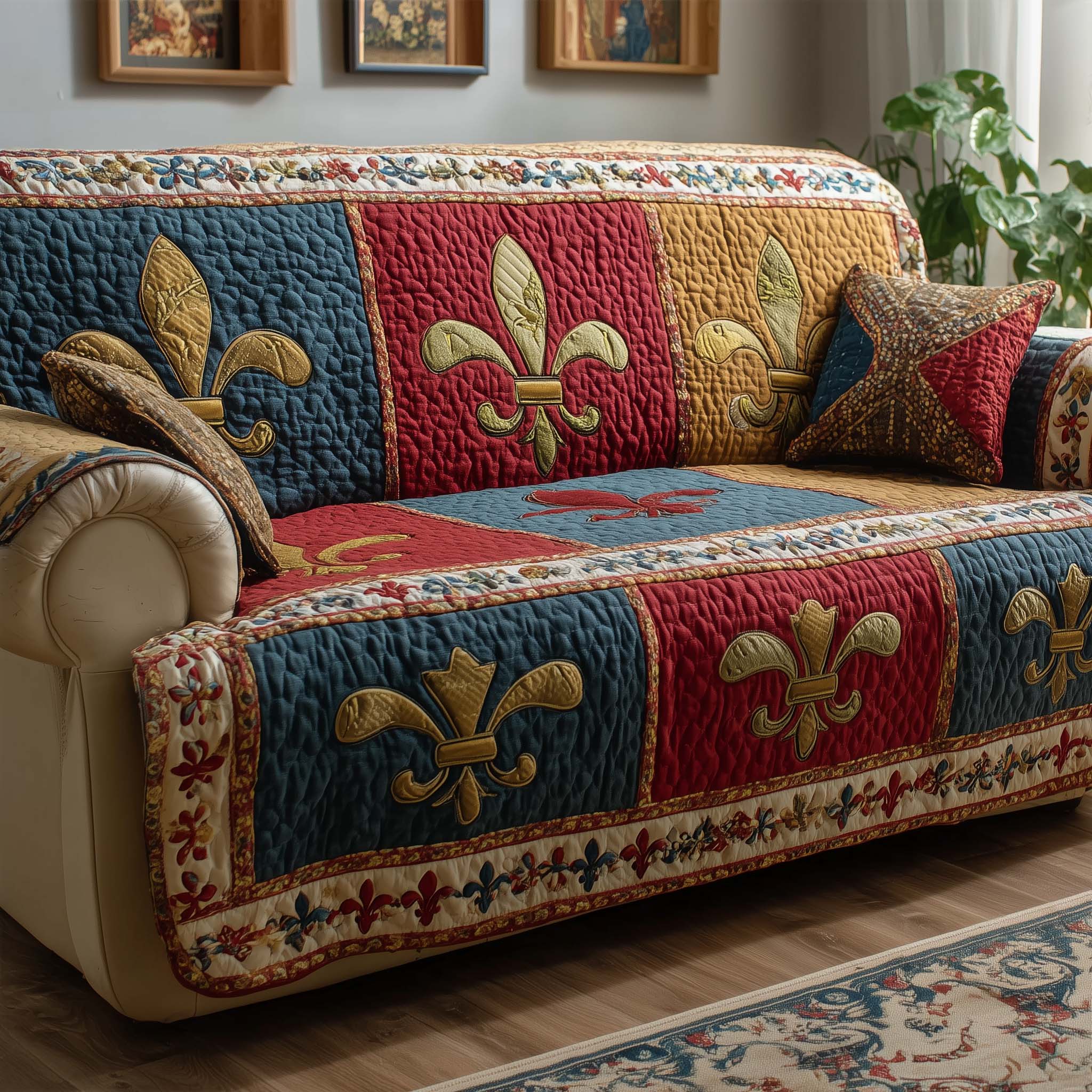 Patch Fleur Quilted Sofa Cover Mardi Gras Couch Cover Unique Room Decor Gifts - Tradiviet
