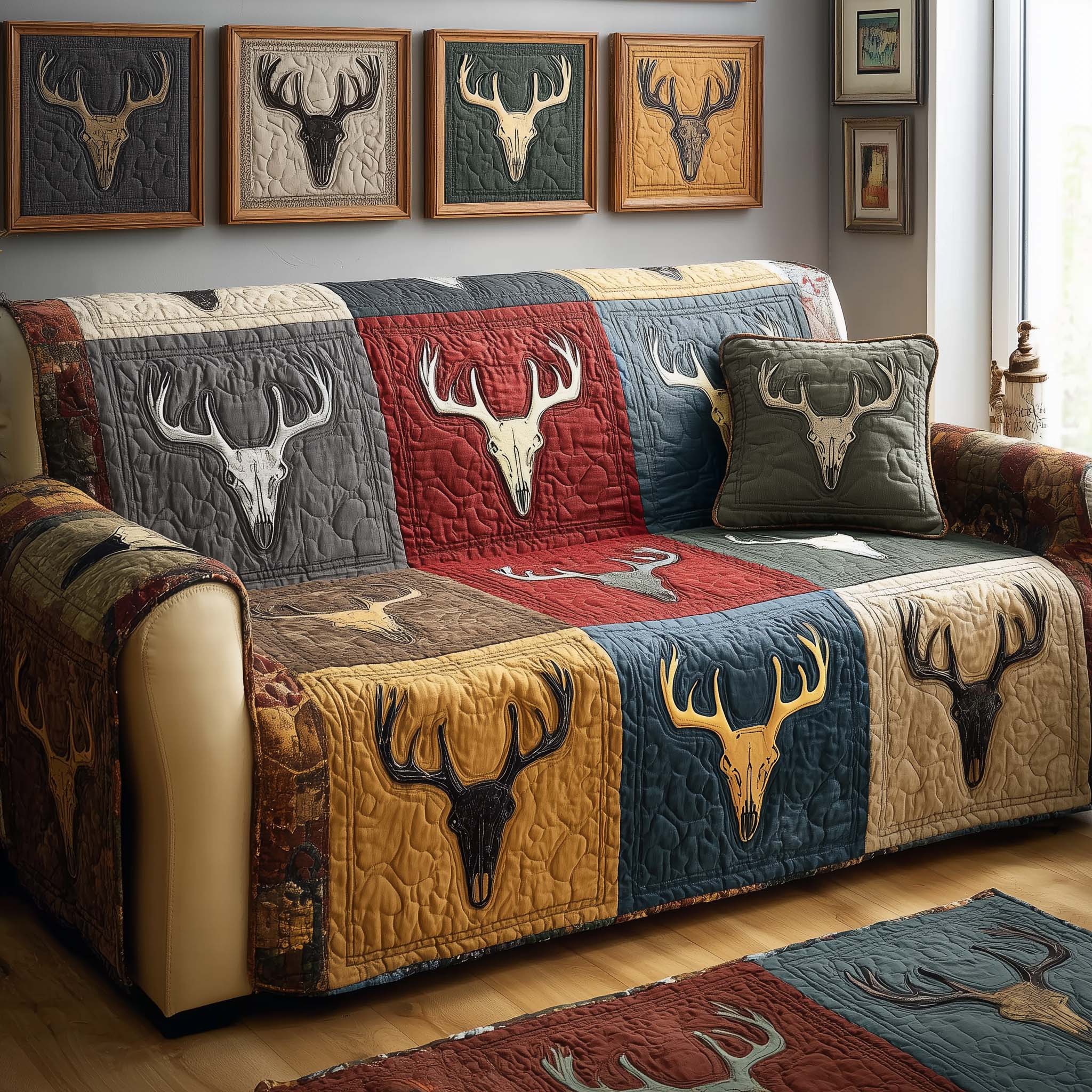 Patchwork Antlers Quilted Sofa Cover Wildlife Home Couch Cover Deer Gifts For Him - Tradiviet