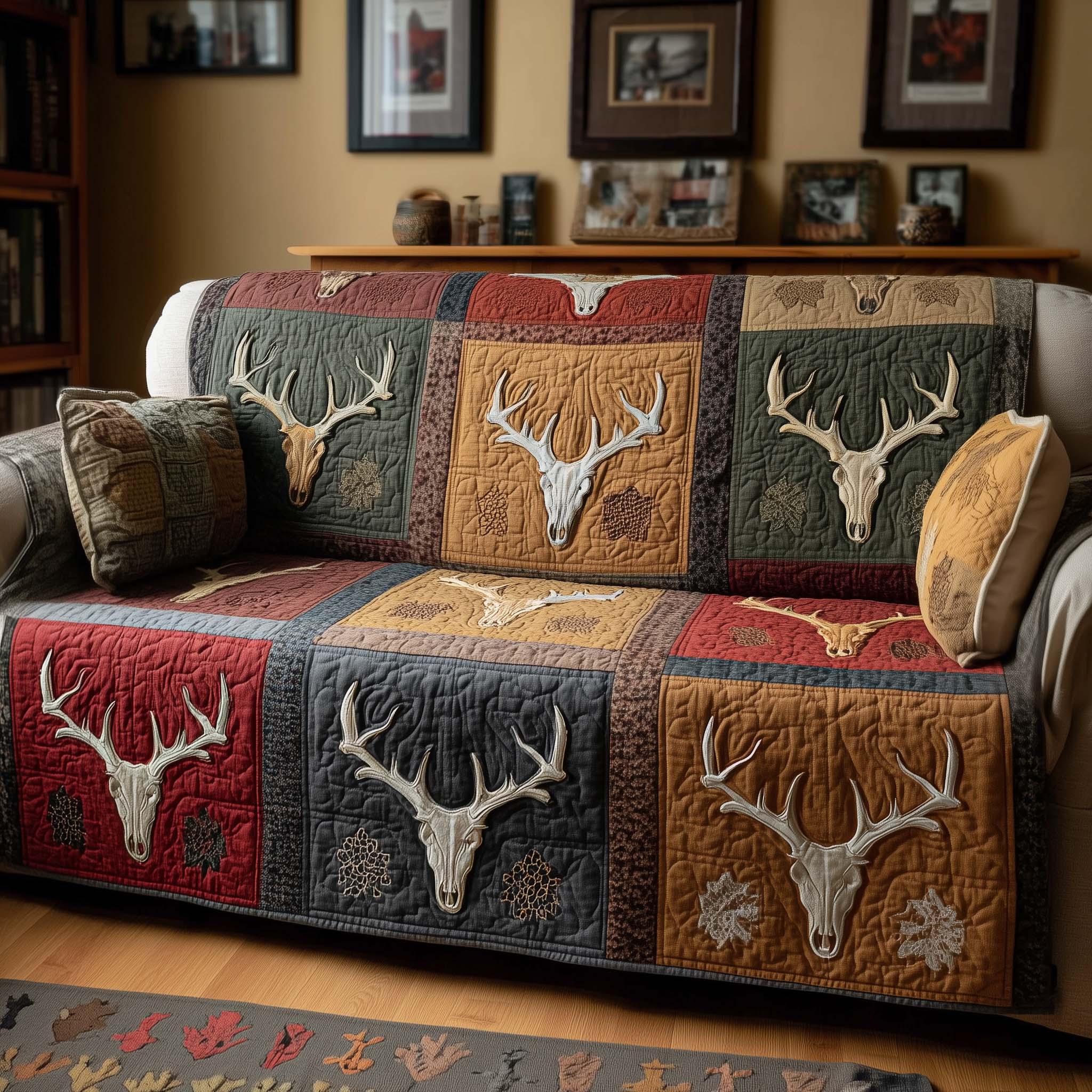 Patchwork Antlers Quilted Sofa Cover Wildlife Home Couch Cover Gift For New Home - Tradiviet