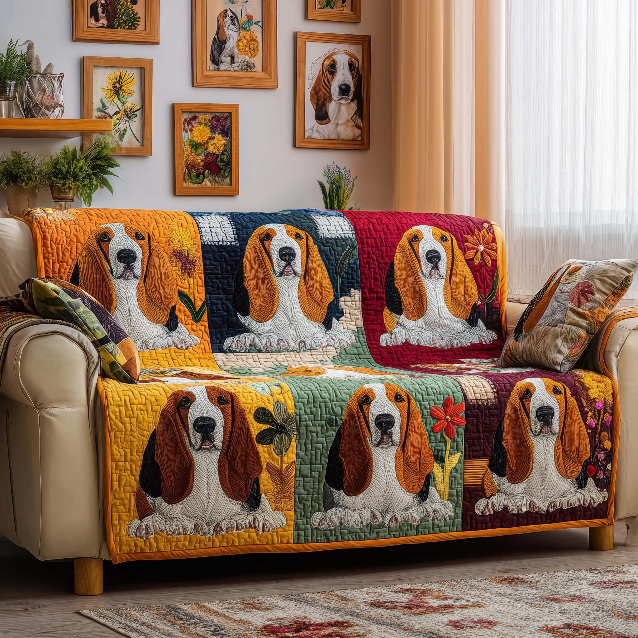 Patchwork Basset Quilted Sofa Cover Pet Home Couch Cover House Lover Gift Ideas - Tradiviet