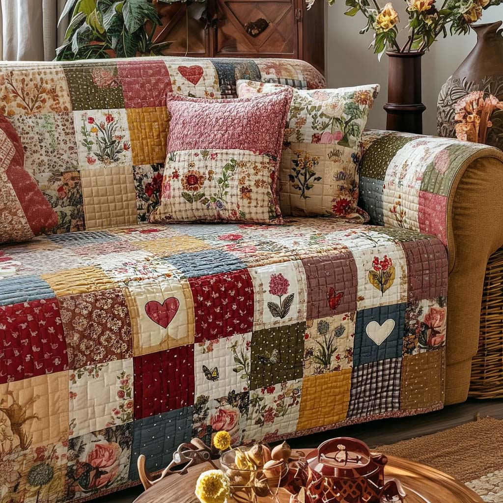 Patchwork Blossom Quilted Sofa Cover Indoor Home Room Decor Room Gift For Him - Tradiviet