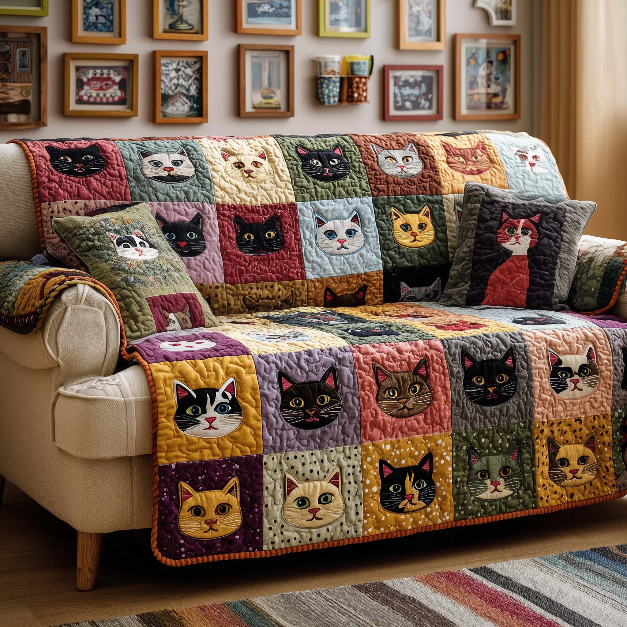 Patchwork Cats Quilted Sofa Cover Cat Home Couch Cover Gift For Living Room - Tradiviet