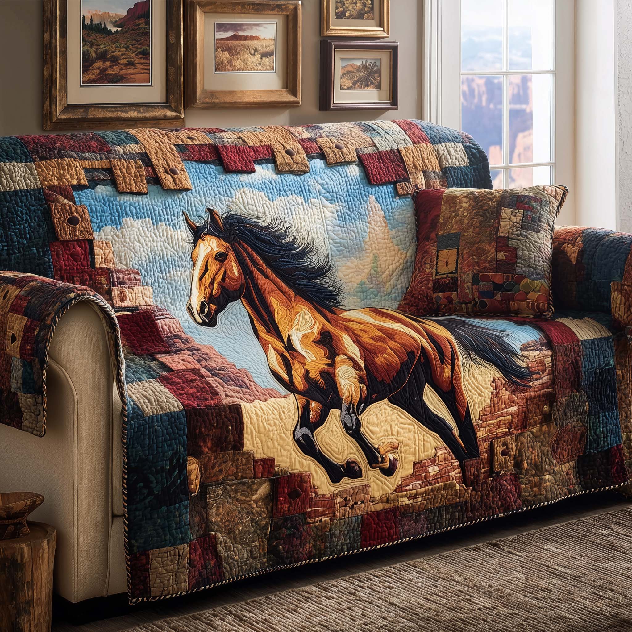 Patchwork Gallop Quilted Sofa Cover Western Home Couch Cover Perfect Housewarming Gift Ideas - Tradiviet