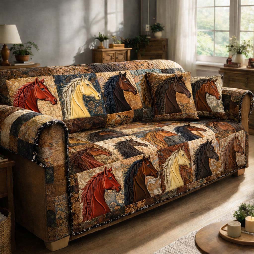 Patchwork Horse Portraits Quilted Sofa Cover Western Home Couch Cover Room Decor Gift Ideas - Tradiviet