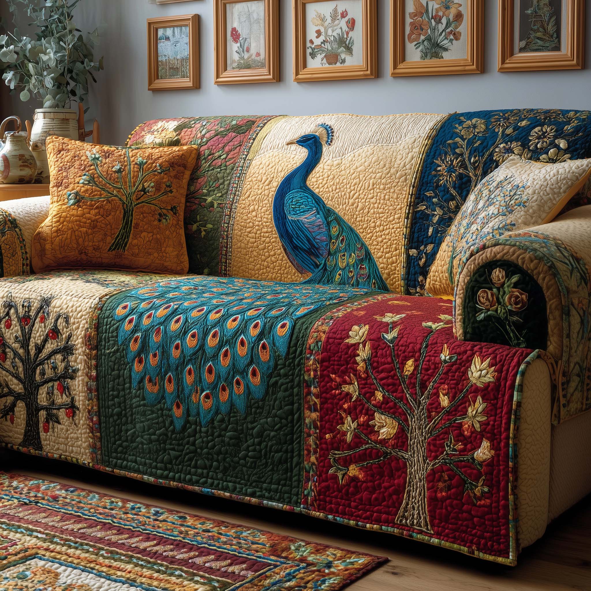 Patchwork Peacock Quilted Sofa Cover Patchwork Home Couch Cover Unique Home Decor Finds - Tradiviet