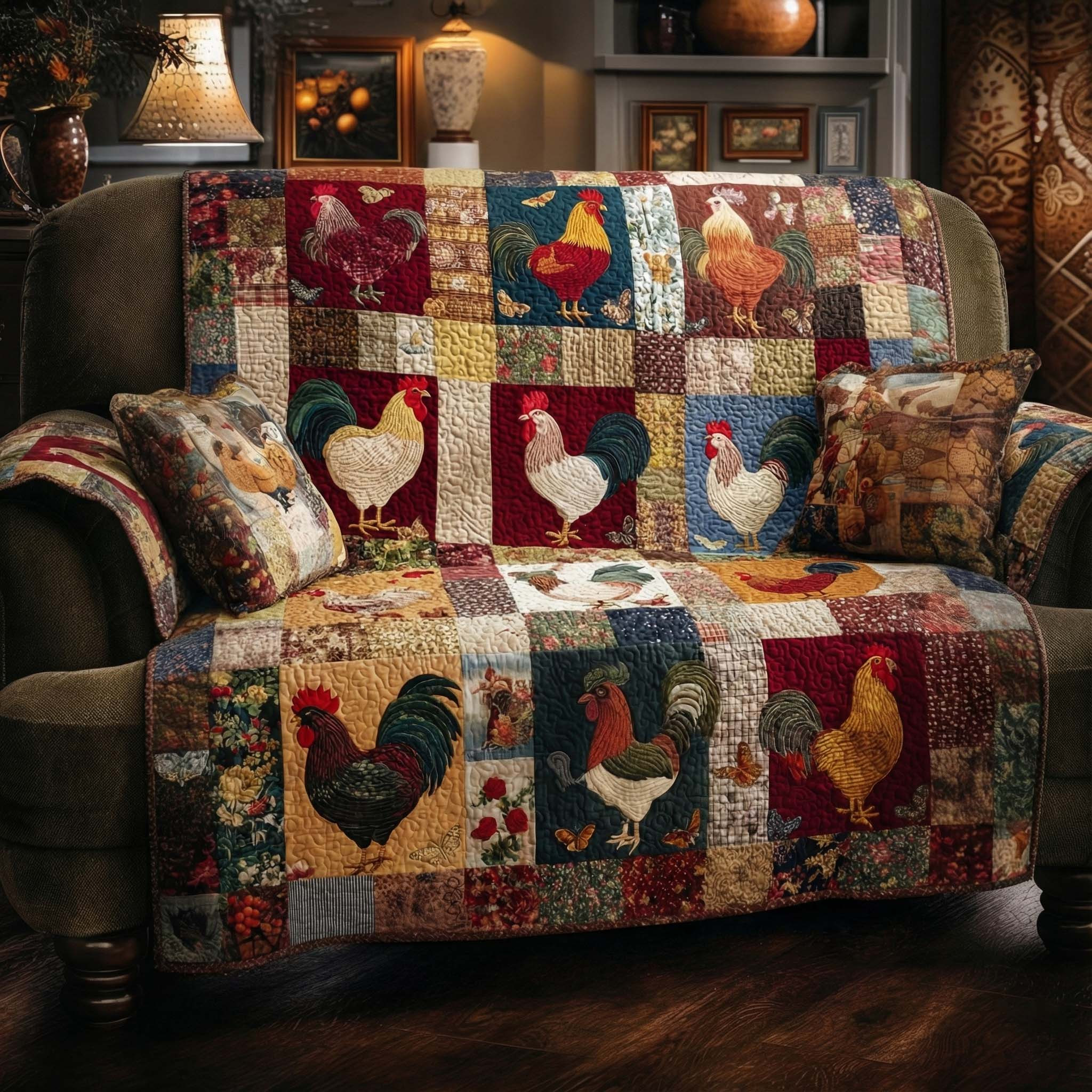 Patchwork Rooster Hearts Quilted Sofa Cover Best Slipcovered Sofas Gifts For Chicken Farmers - Tradiviet