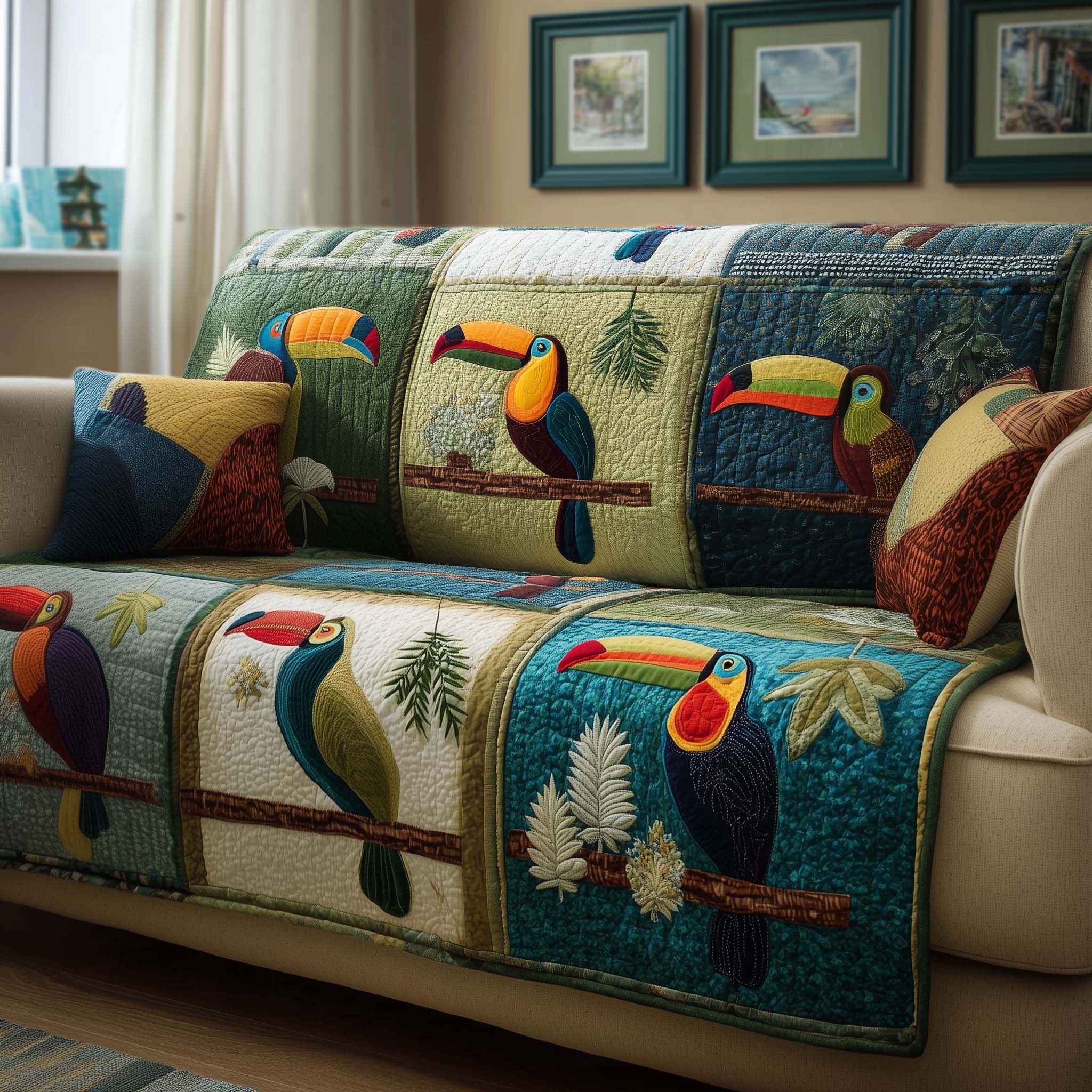 Patchwork Toucans Quilted Sofa Cover Bird Home Couch Cover Best Home Decor Gifts - Tradiviet