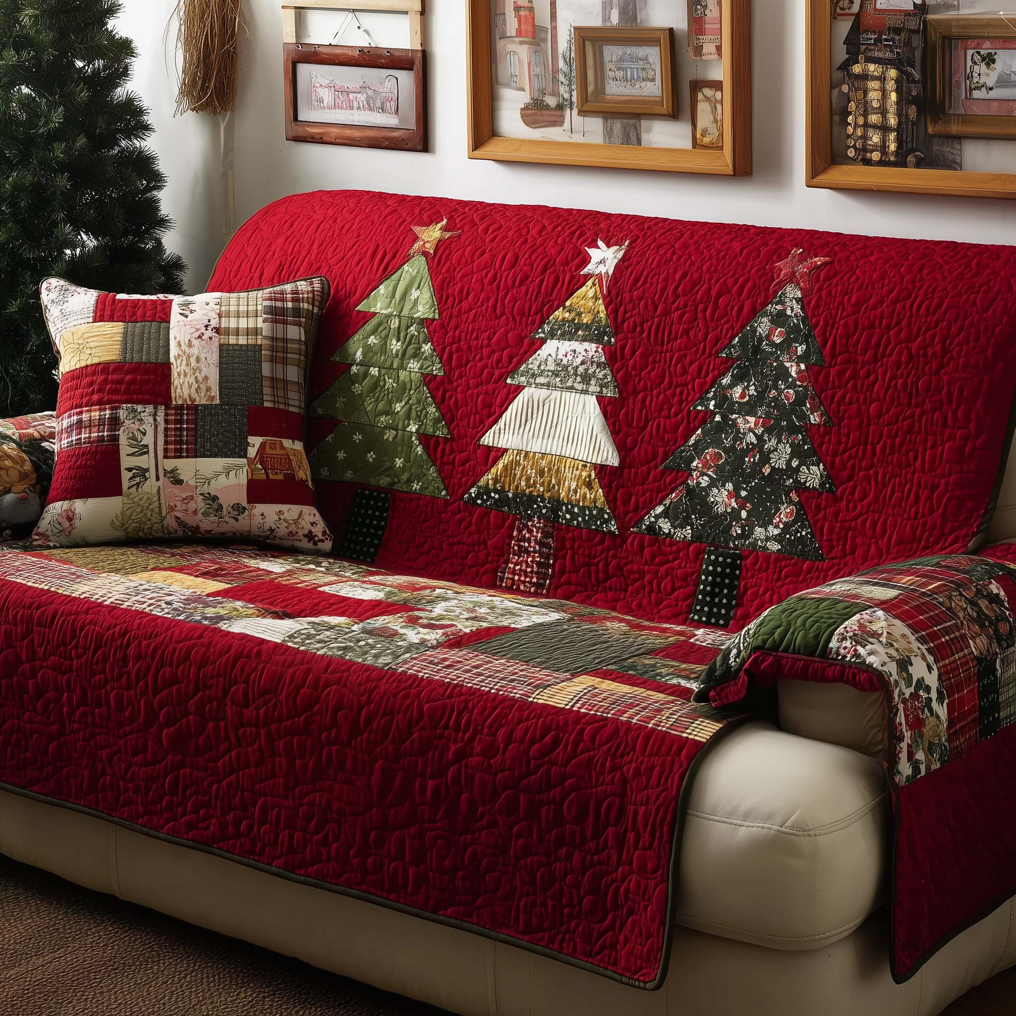 Patchwork Trees Quilted Sofa Cover Forest Home Couch Cover Cozy Housewarming Gift Ideas - Tradiviet