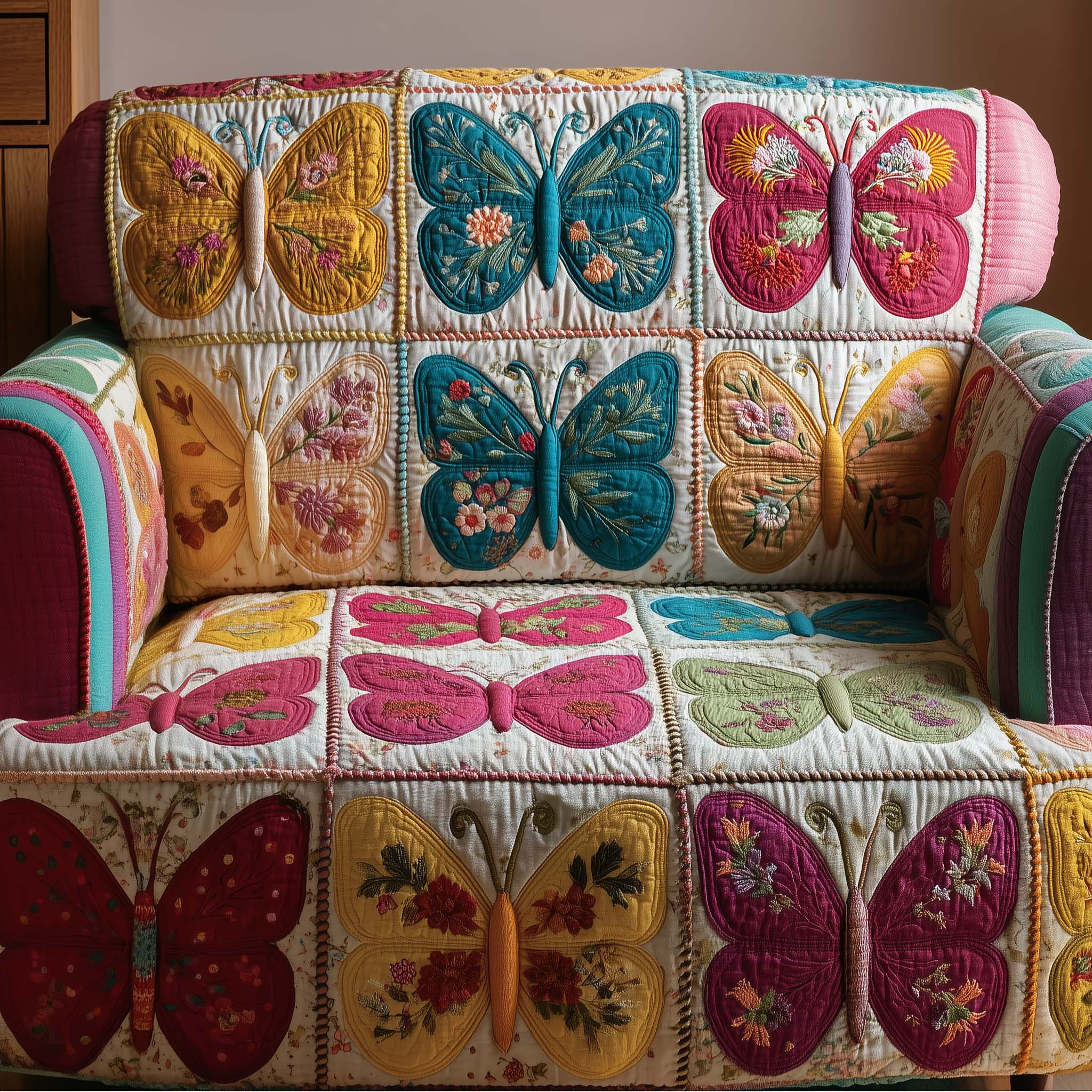 Patchy Butterfly Quilted Sofa Cover Butterfly Home Couch Cover Bear Gifts For Dad - Tradiviet