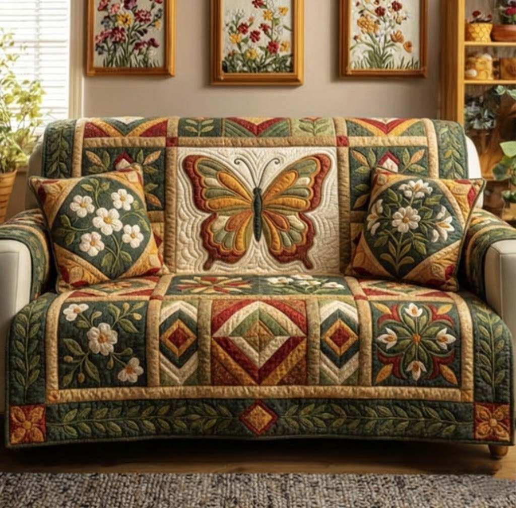 Patchy Butterfly Quilted Sofa Cover Butterfly Home Couch Cover Gift For New Homeowners - Tradiviet