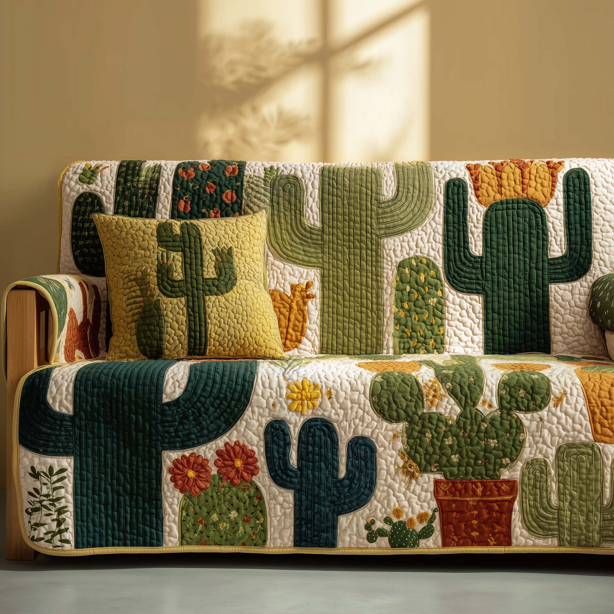 Patchy Cactus Quilted Sofa Cover Southwest Home Couch Cover Home Gift For Him - Tradiviet